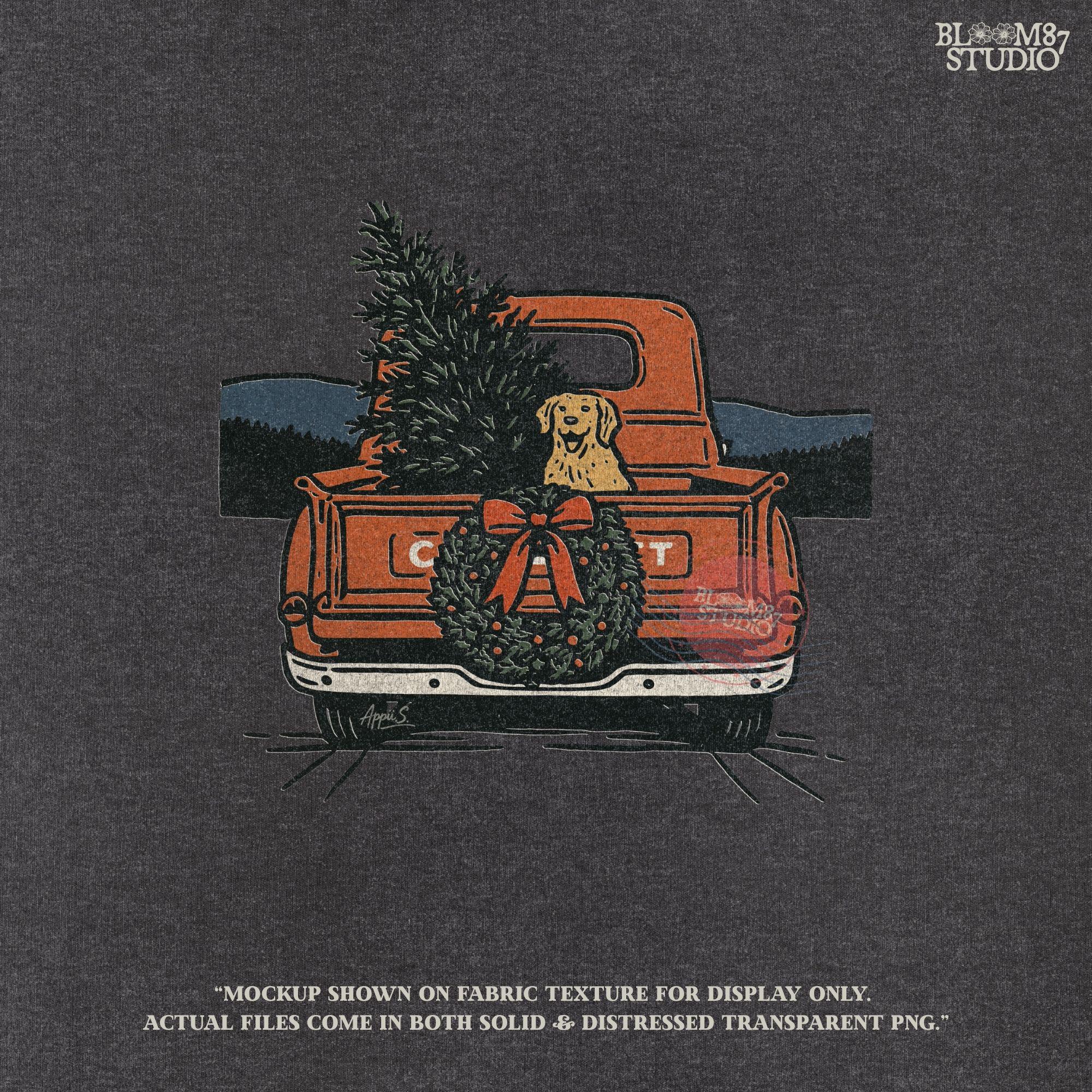 Solid version: "Christmas truck sublimation PNG with vintage red pickup carrying tree dog and wreath, farmhouse holiday design solid style"

Distressed version: "Vintage red truck with dog and Christmas tree sublimation PNG, rustic farmhouse holiday clipart distressed style"