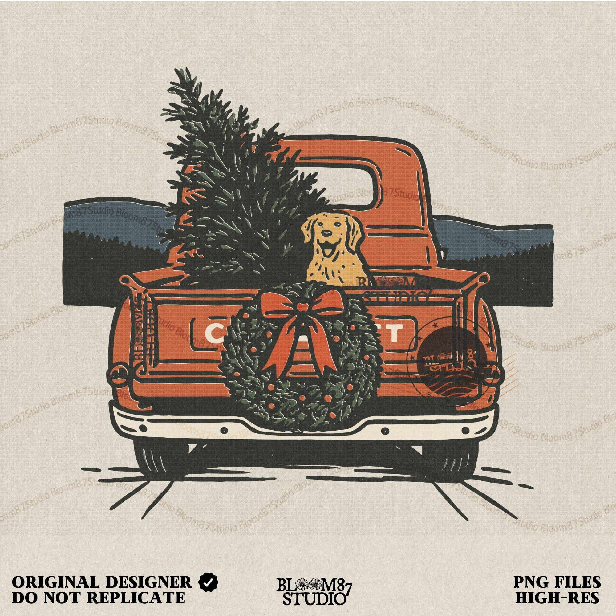 Solid version: "Christmas truck sublimation PNG with vintage red pickup carrying tree dog and wreath, farmhouse holiday design solid style"

Distressed version: "Vintage red truck with dog and Christmas tree sublimation PNG, rustic farmhouse holiday clipart distressed style"