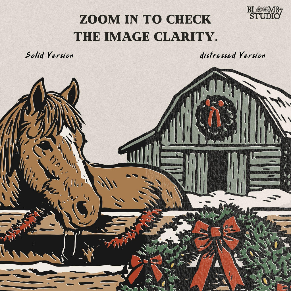 Solid version: "Christmas horse sublimation PNG with rustic barn snowy fence and holiday wreath farmhouse design solid style"

Distressed version: "Rustic Christmas horse with barn and wreath sublimation PNG winter farmhouse holiday clipart distressed style"