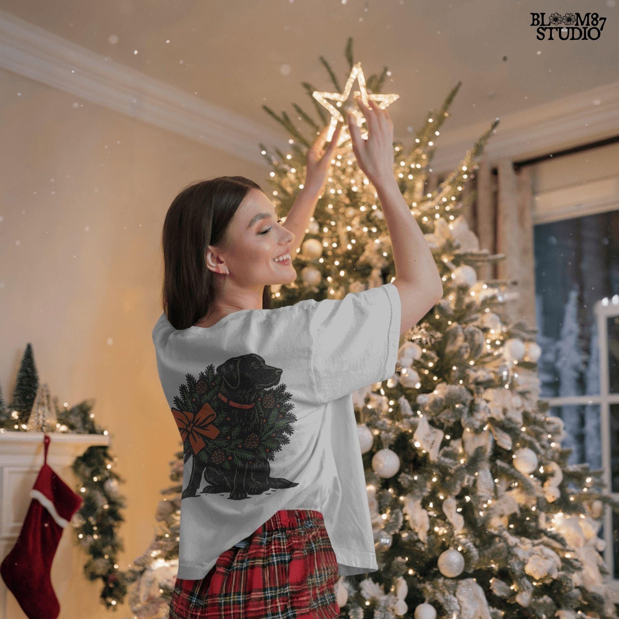 Solid version: "Christmas Black Labrador sublimation PNG dog with festive holiday wreath pinecones and red bow farmhouse design solid style"

Distressed version: "Black Labrador Christmas dog with holiday wreath pinecones and bow sublimation PNG rustic farmhouse clipart distressed style"