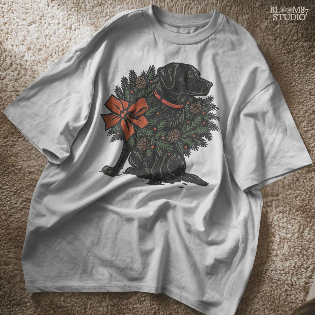 Solid version: "Christmas Black Labrador sublimation PNG dog with festive holiday wreath pinecones and red bow farmhouse design solid style"

Distressed version: "Black Labrador Christmas dog with holiday wreath pinecones and bow sublimation PNG rustic farmhouse clipart distressed style"