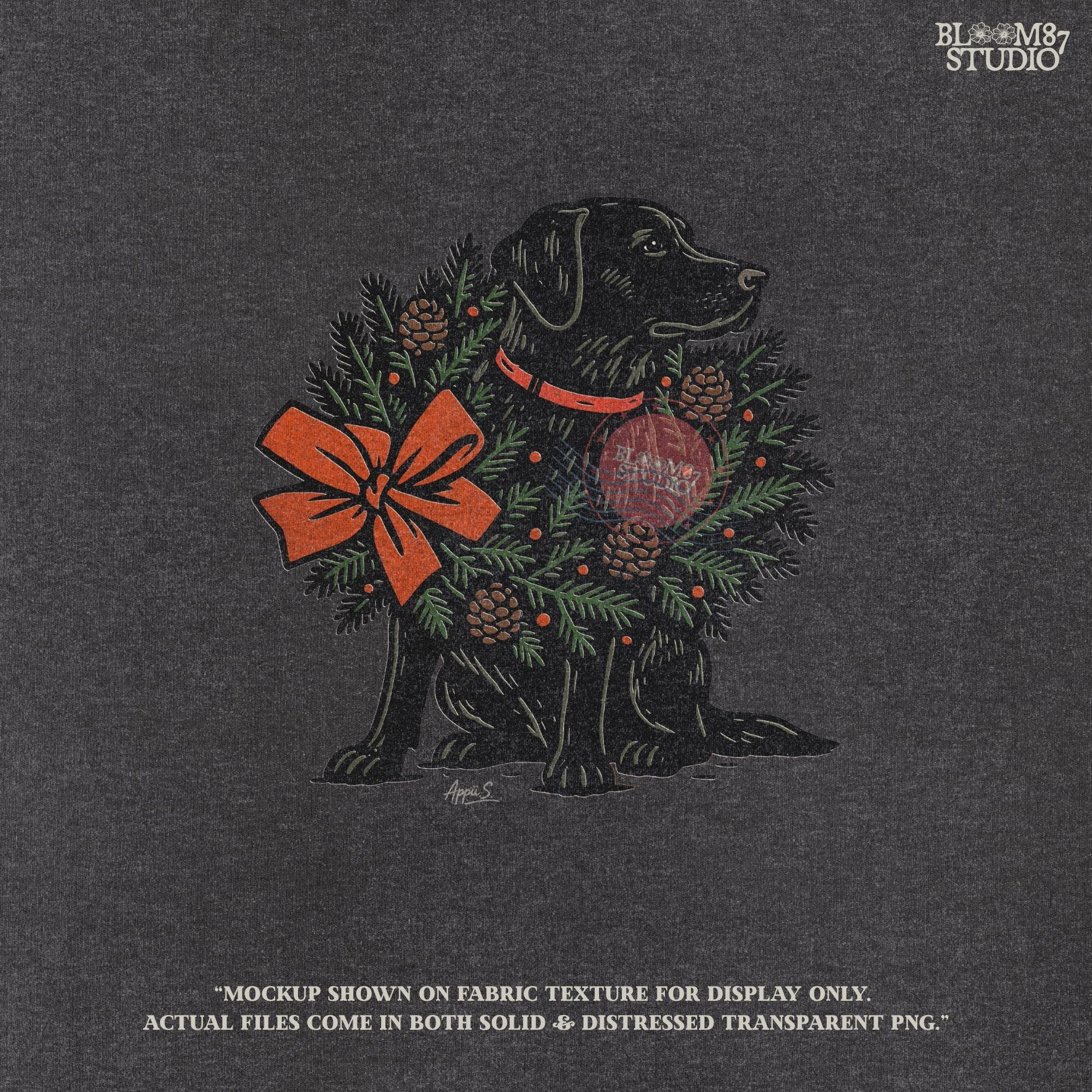 Solid version: "Christmas Black Labrador sublimation PNG dog with festive holiday wreath pinecones and red bow farmhouse design solid style"

Distressed version: "Black Labrador Christmas dog with holiday wreath pinecones and bow sublimation PNG rustic farmhouse clipart distressed style"