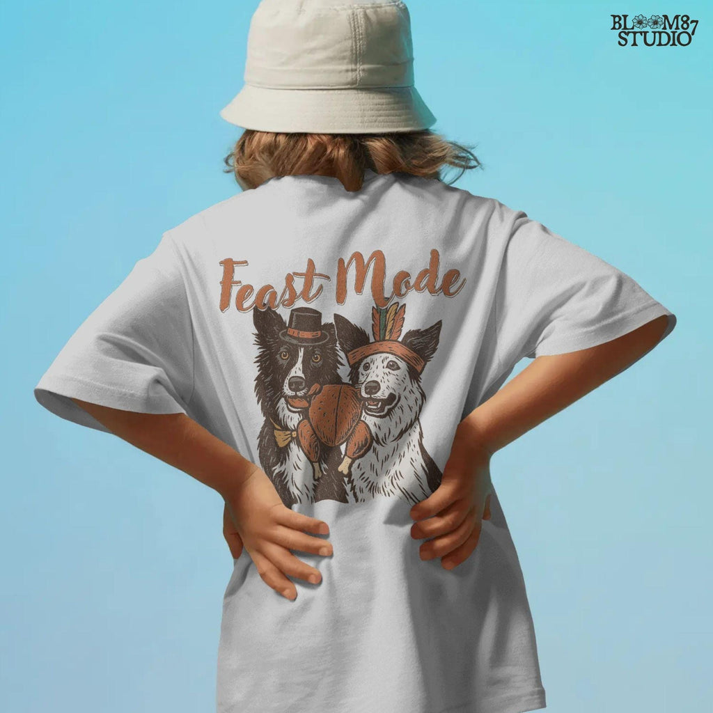 Thanksgiving Feast Mode PNG with cute collie dogs in festive outfits and roasted turkey. Designed for sublimation shirts, mugs, rustic farmhouse decor, fall digital crafts, and holiday DIY gifts.