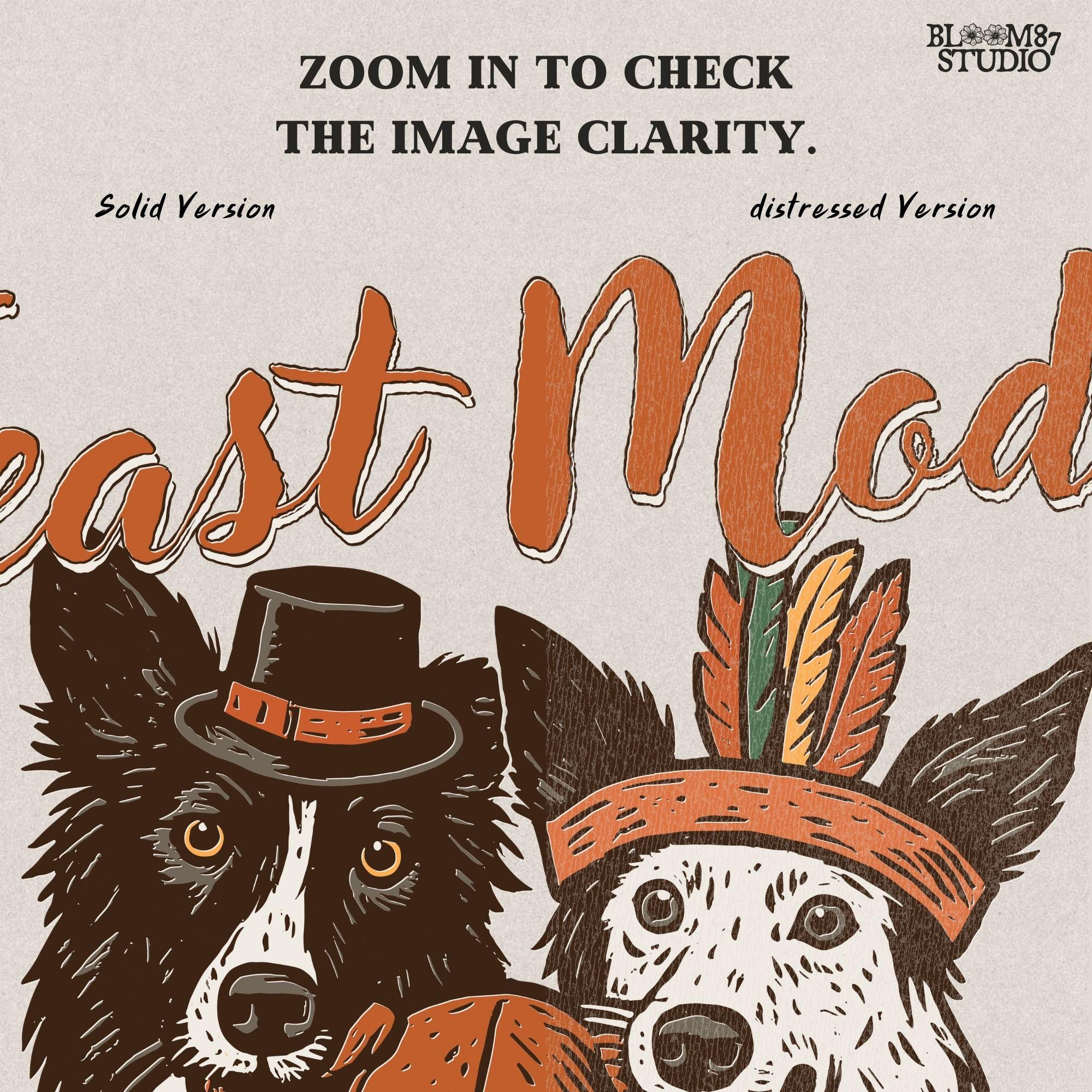 A humorous Feast Mode dog PNG with border collies dressed in Thanksgiving outfits and holding turkey. Great for autumn sublimation shirts, mugs, farmhouse kitchen towels, and holiday party decor.