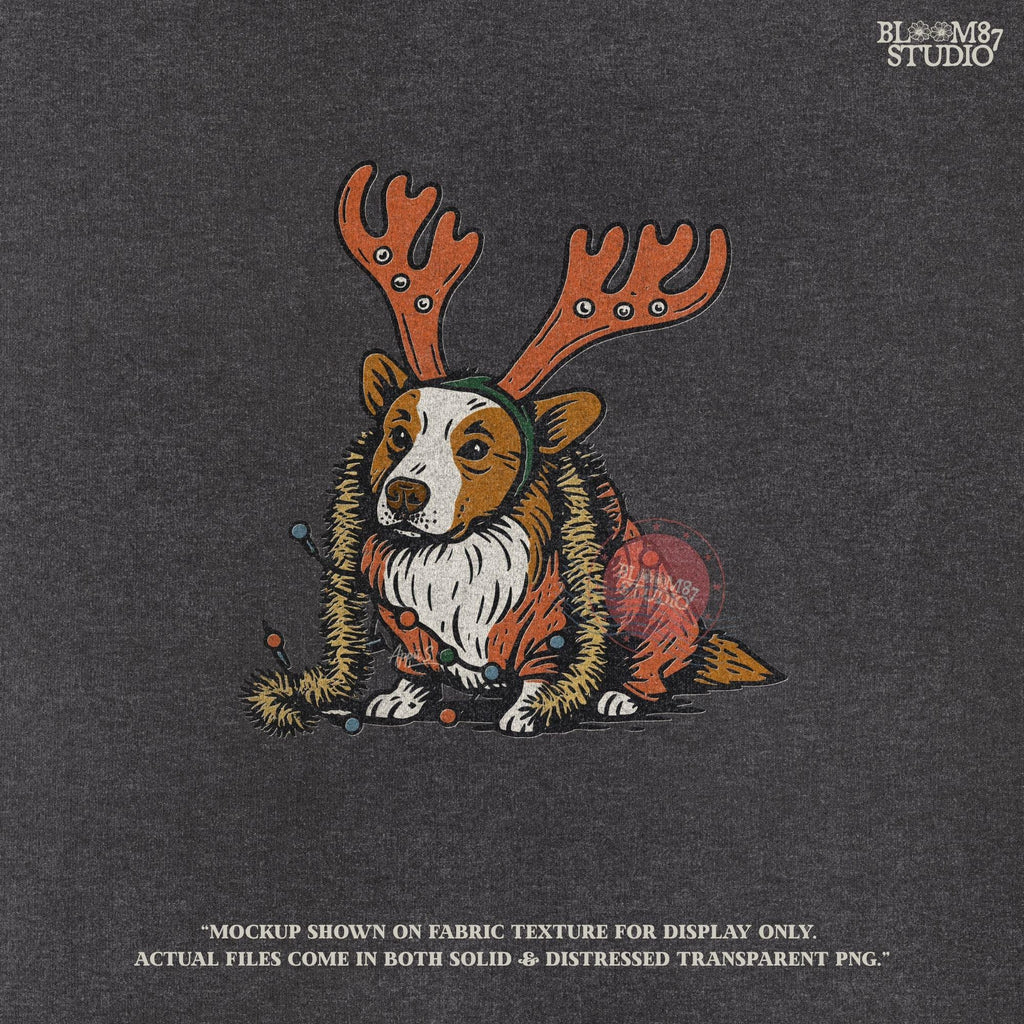 Solid version: "Christmas Corgi sublimation PNG dog in reindeer costume with holiday lights festive clipart solid style"

Distressed version: "Corgi Christmas dog in reindeer outfit with lights sublimation PNG rustic festive clipart distressed style"