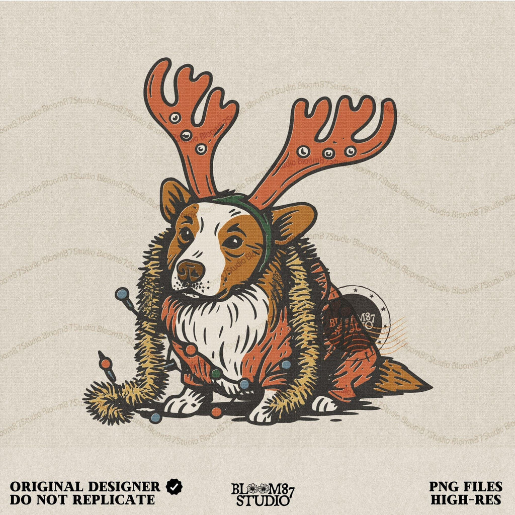 Solid version: "Christmas Corgi sublimation PNG dog in reindeer costume with holiday lights festive clipart solid style"

Distressed version: "Corgi Christmas dog in reindeer outfit with lights sublimation PNG rustic festive clipart distressed style"