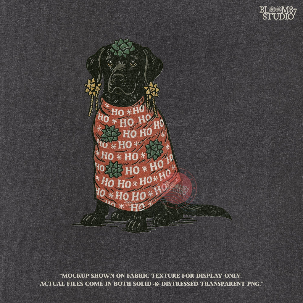 Solid version: "Christmas Black Labrador sublimation PNG dog in red Ho Ho Ho sweater decorated with gift bows holiday clipart solid style"

Distressed version: "Black Labrador Christmas dog in Ho Ho Ho sweater with bows sublimation PNG rustic holiday clipart distressed style"