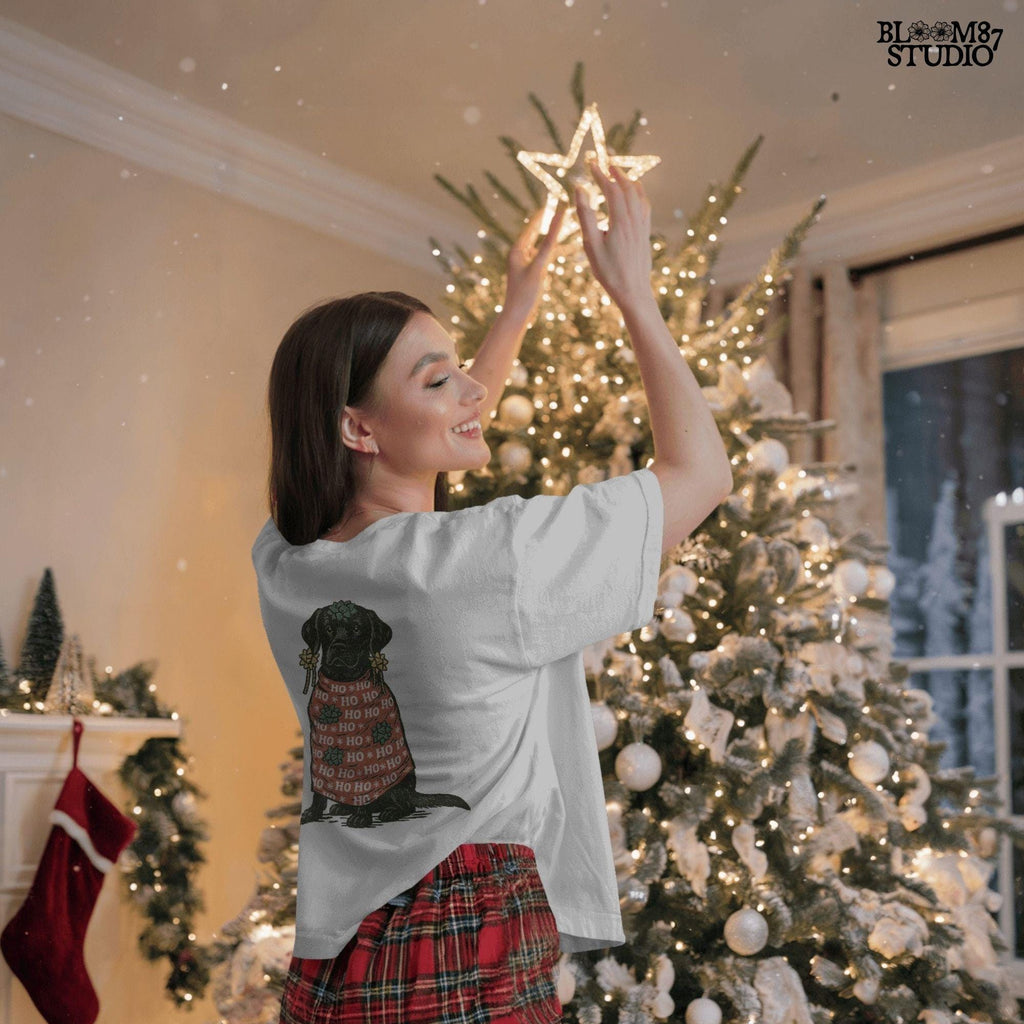 Solid version: "Christmas Black Labrador sublimation PNG dog in red Ho Ho Ho sweater decorated with gift bows holiday clipart solid style"

Distressed version: "Black Labrador Christmas dog in Ho Ho Ho sweater with bows sublimation PNG rustic holiday clipart distressed style"