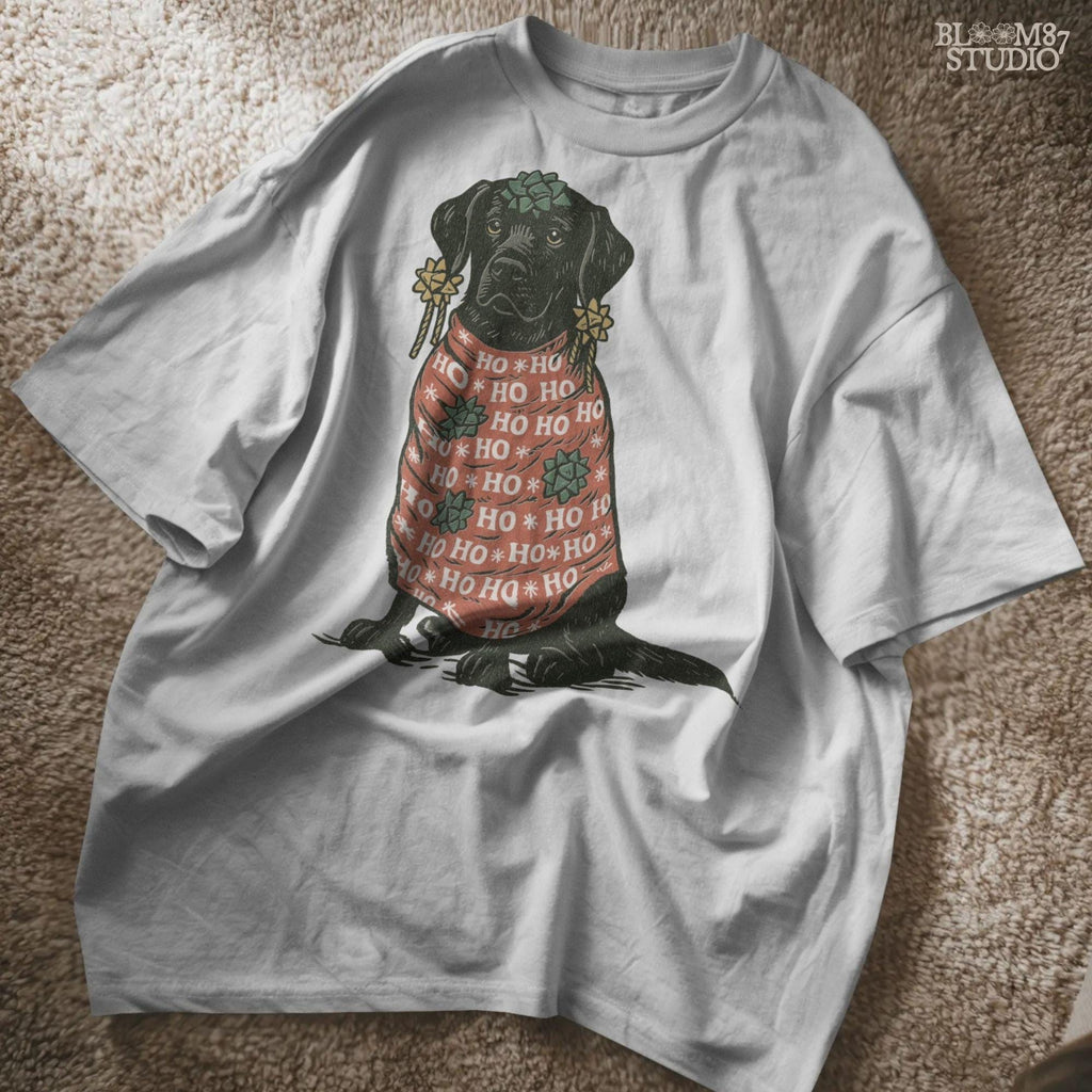 Solid version: "Christmas Black Labrador sublimation PNG dog in red Ho Ho Ho sweater decorated with gift bows holiday clipart solid style"

Distressed version: "Black Labrador Christmas dog in Ho Ho Ho sweater with bows sublimation PNG rustic holiday clipart distressed style"