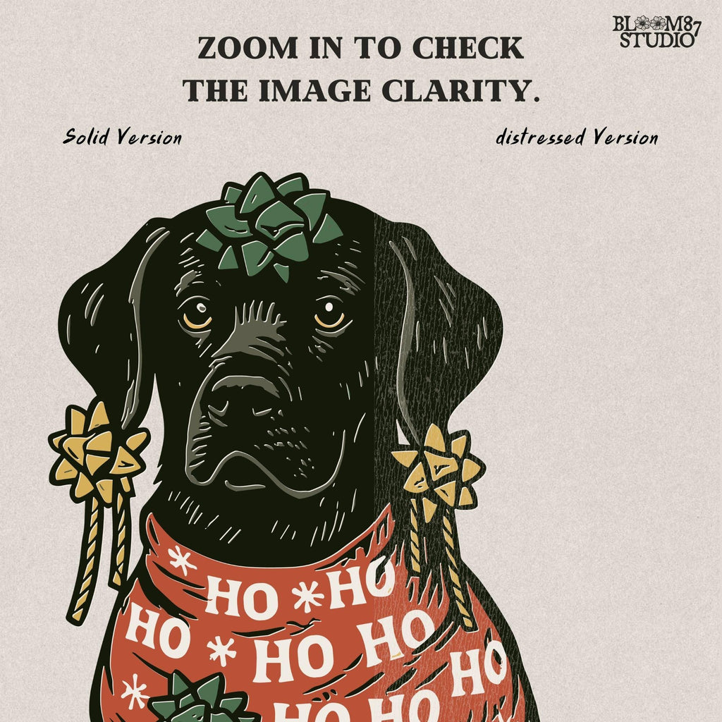 Solid version: "Christmas Black Labrador sublimation PNG dog in red Ho Ho Ho sweater decorated with gift bows holiday clipart solid style"

Distressed version: "Black Labrador Christmas dog in Ho Ho Ho sweater with bows sublimation PNG rustic holiday clipart distressed style"