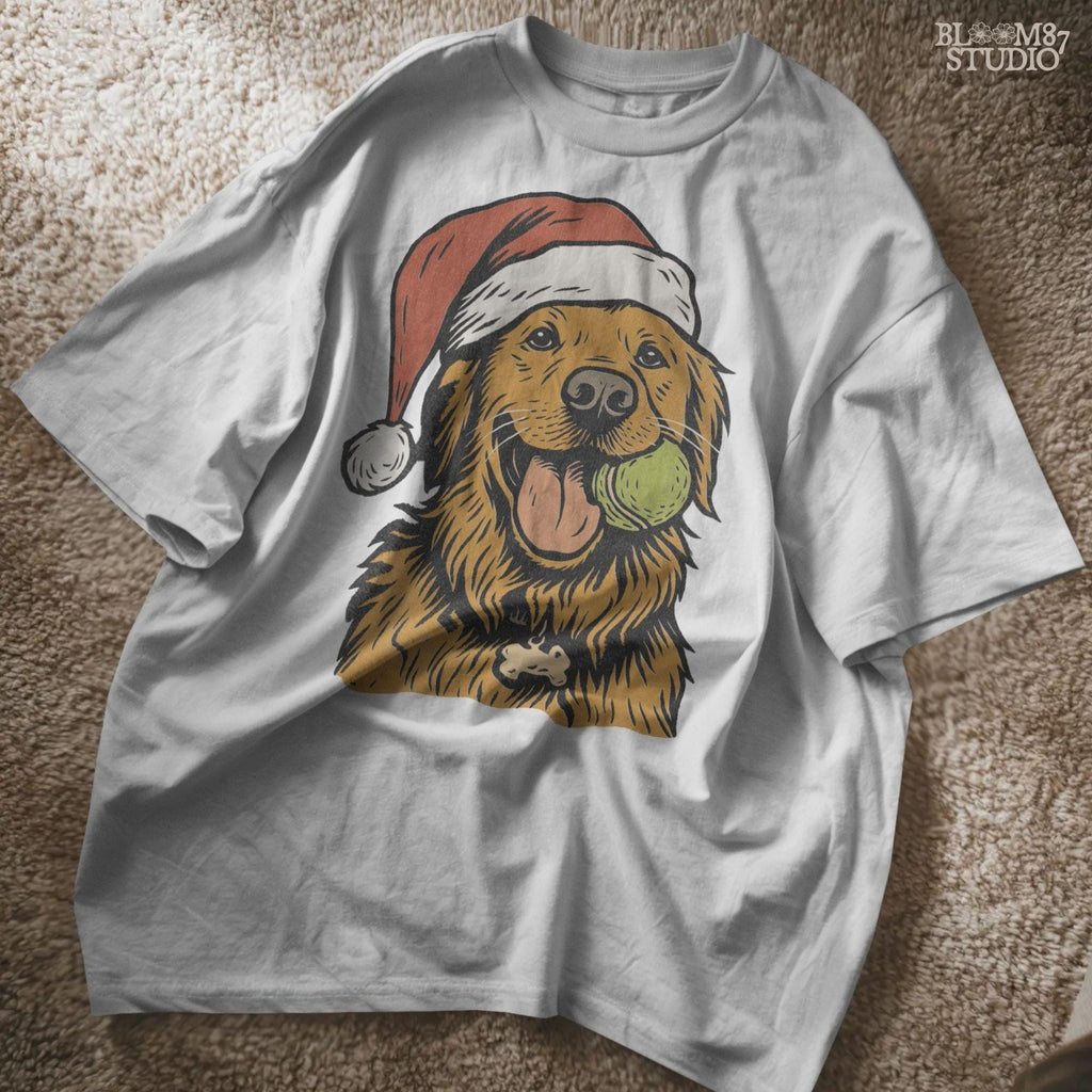 Solid version: "Christmas Golden Retriever sublimation PNG dog in Santa hat holding tennis ball festive holiday clipart solid style"

Distressed version: "Golden Retriever Christmas dog in Santa hat with tennis ball sublimation PNG rustic festive clipart distressed style"