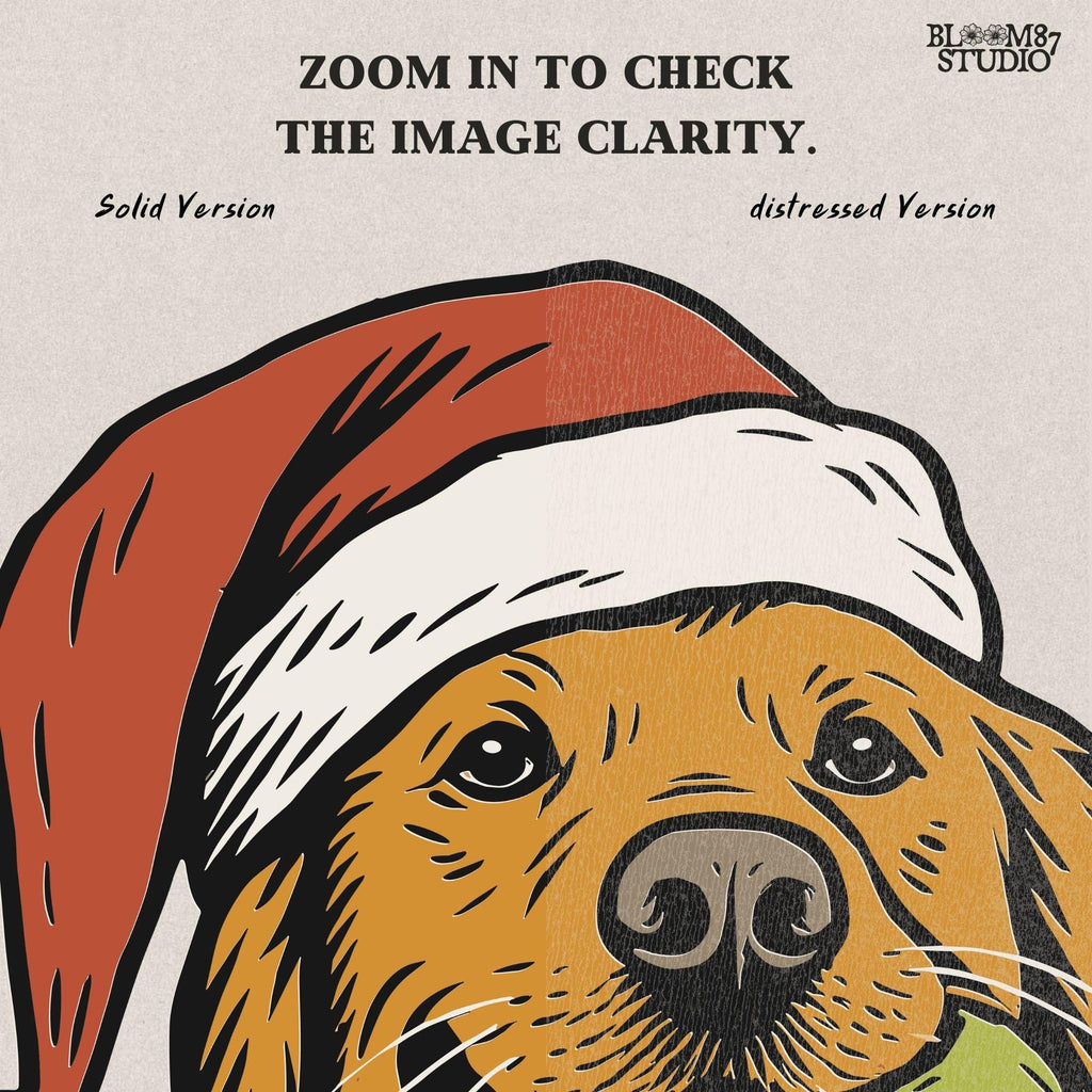 Solid version: "Christmas Golden Retriever sublimation PNG dog in Santa hat holding tennis ball festive holiday clipart solid style"

Distressed version: "Golden Retriever Christmas dog in Santa hat with tennis ball sublimation PNG rustic festive clipart distressed style"