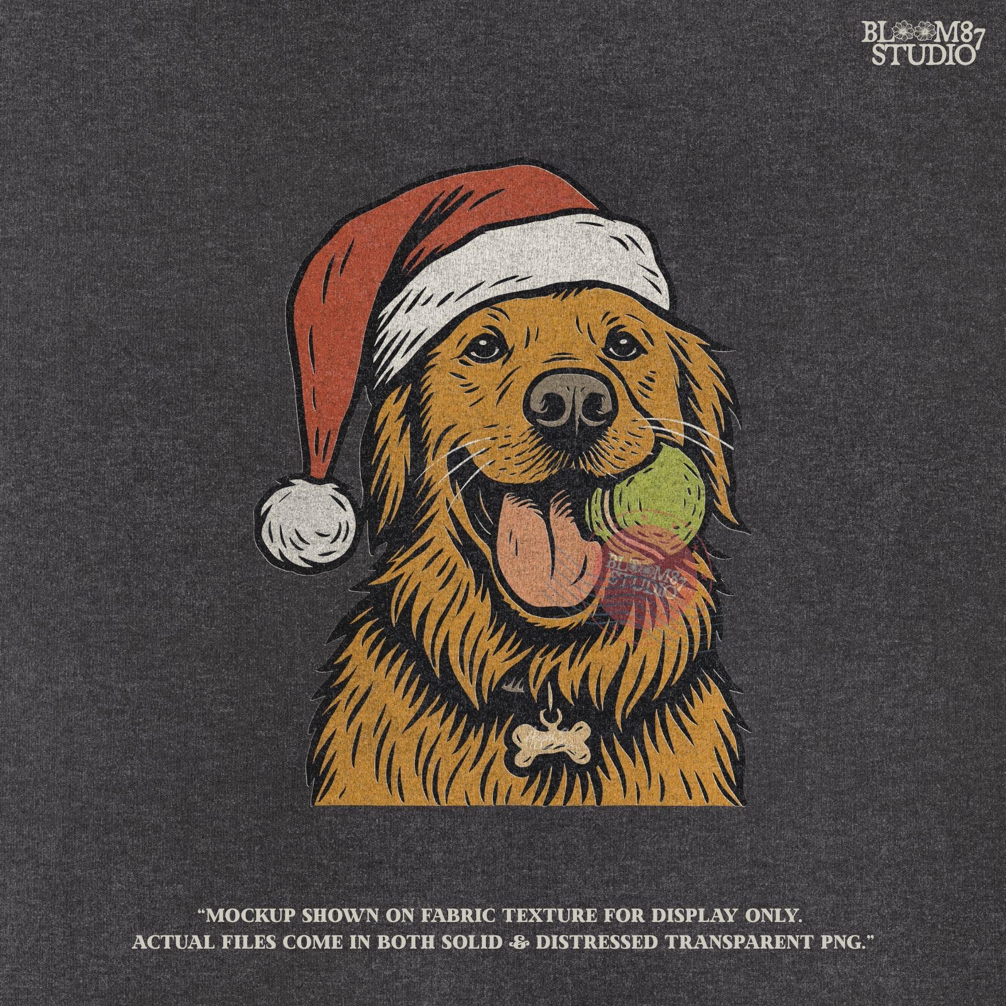 Solid version: "Christmas Golden Retriever sublimation PNG dog in Santa hat holding tennis ball festive holiday clipart solid style"

Distressed version: "Golden Retriever Christmas dog in Santa hat with tennis ball sublimation PNG rustic festive clipart distressed style"