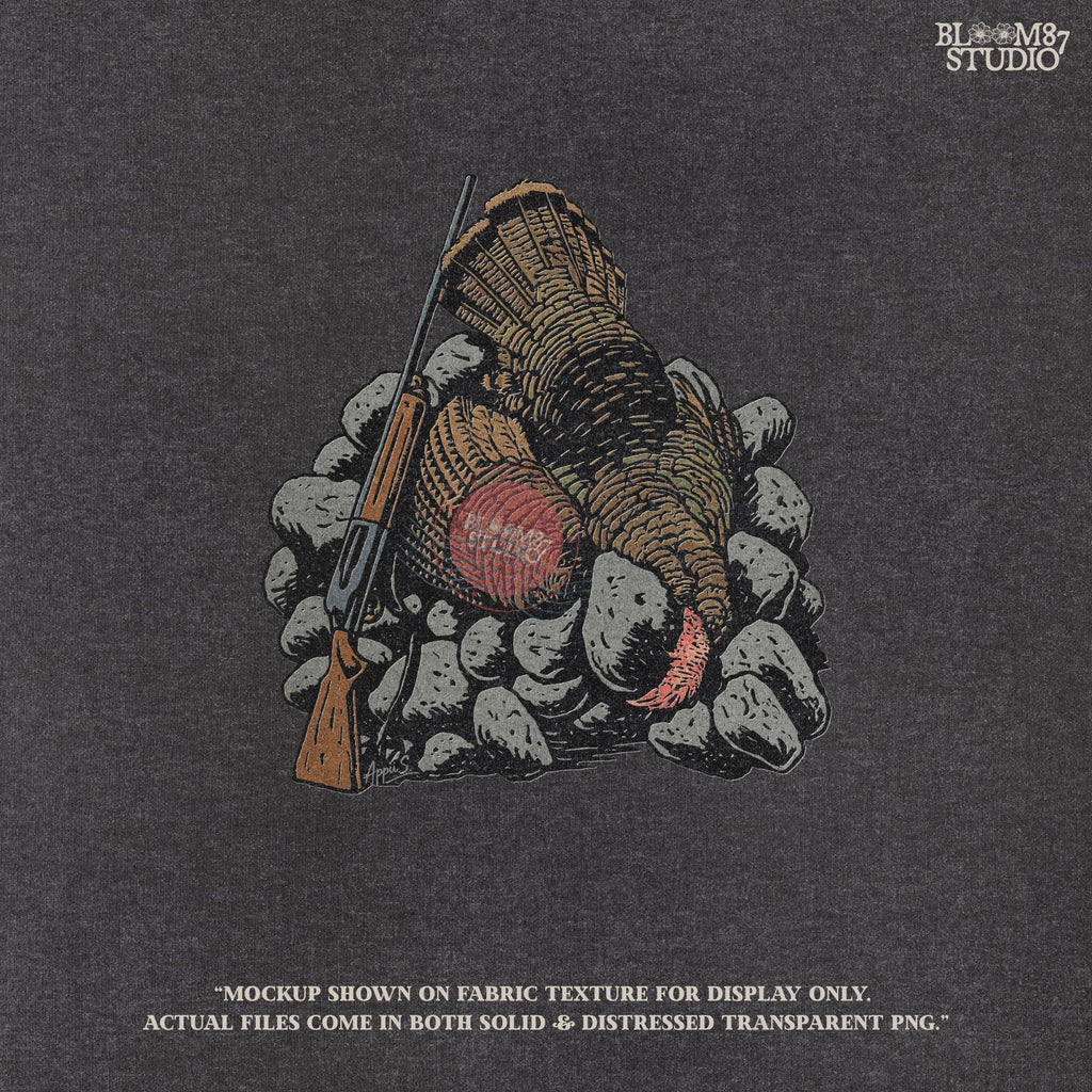 Rustic wild turkey clipart with rifle illustration, ideal for fall hunting season apparel, mugs, tumblers, farmhouse lodge wall art, and Thanksgiving crafts for hunters.