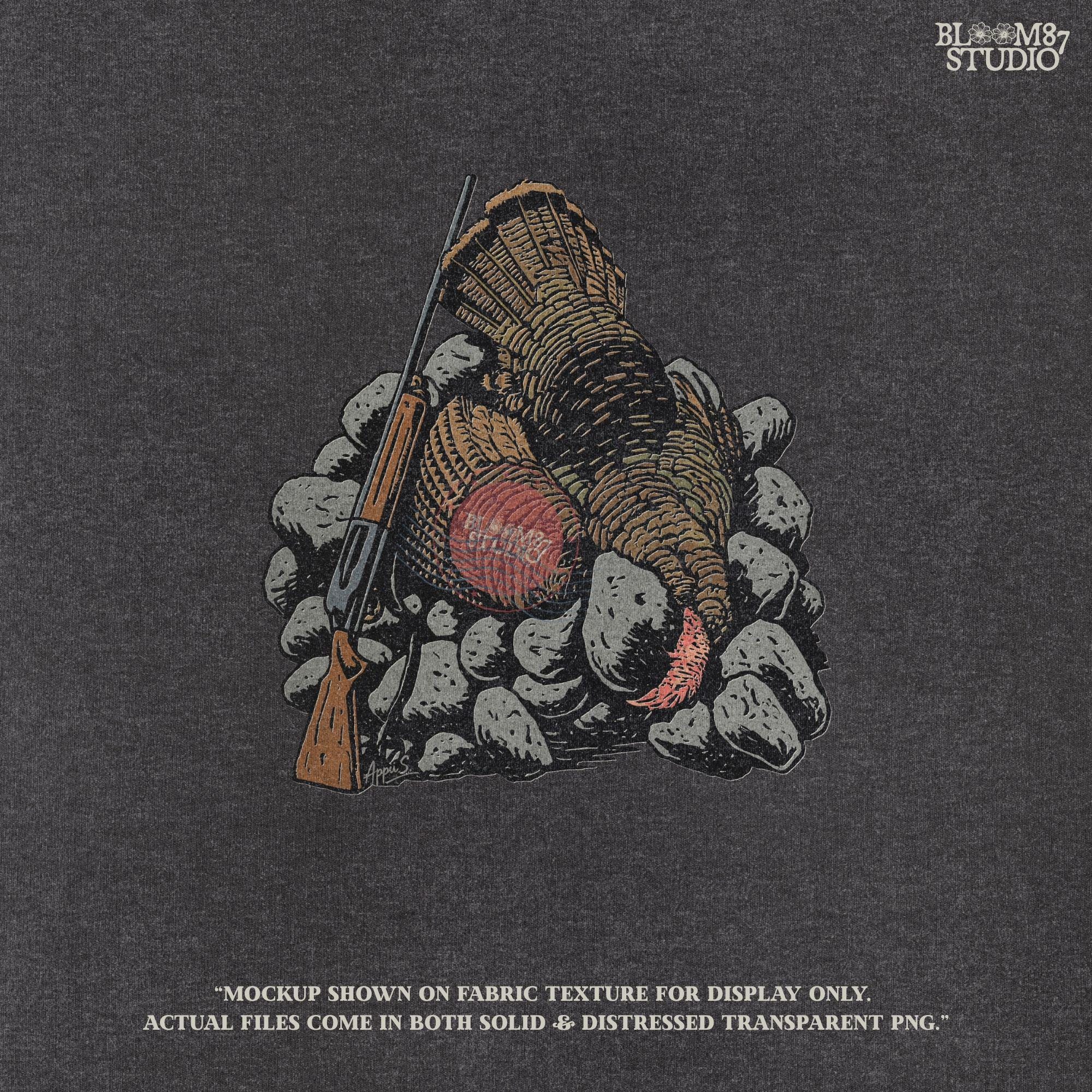 Rustic wild turkey clipart with rifle illustration, ideal for fall hunting season apparel, mugs, tumblers, farmhouse lodge wall art, and Thanksgiving crafts for hunters.