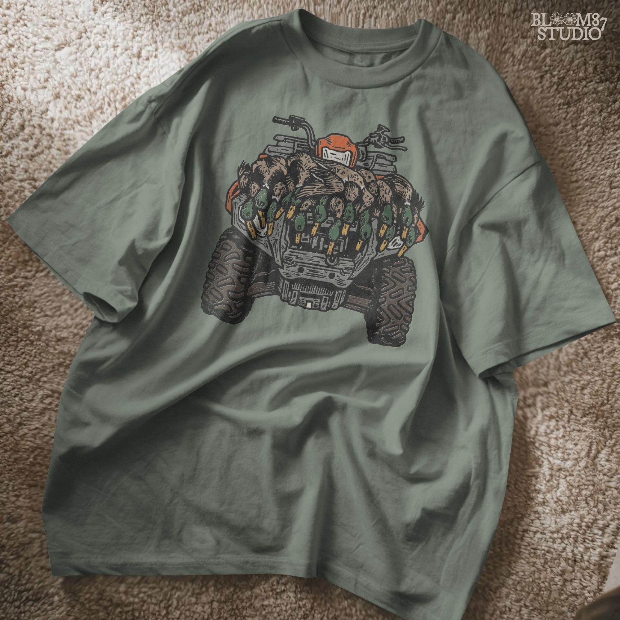 Hand-drawn waterfowl hunting PNG showing a hunter’s ATV with ducks, ideal for fall and winter hunting projects, lodge wall prints, farmhouse gifts, mugs, and apparel.