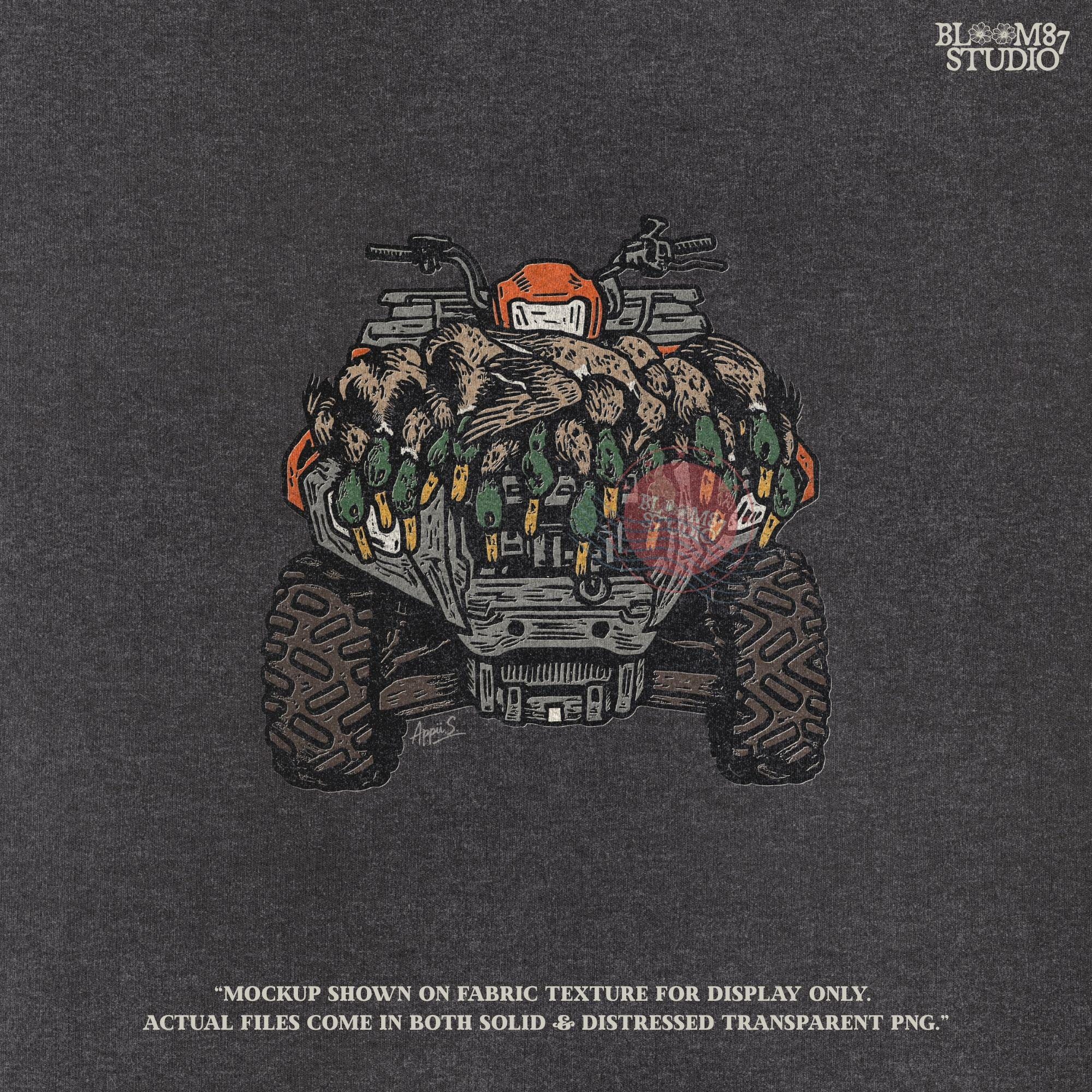 Detailed mallard duck hunting clipart showing waterfowl displayed on an ATV, perfect for fall hunting season decor, outdoors lifestyle gifts, sublimation designs, and rustic farmhouse hunting wall art.