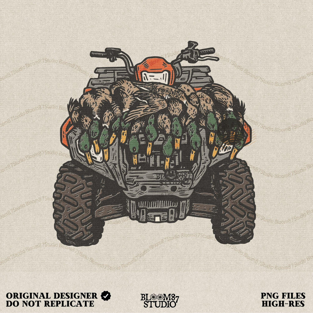 Rustic duck hunting PNG design featuring an ATV loaded with mallard ducks, ideal for hunting shirts, mugs, tumblers, farmhouse lodge wall art, and sublimation projects for outdoorsmen.