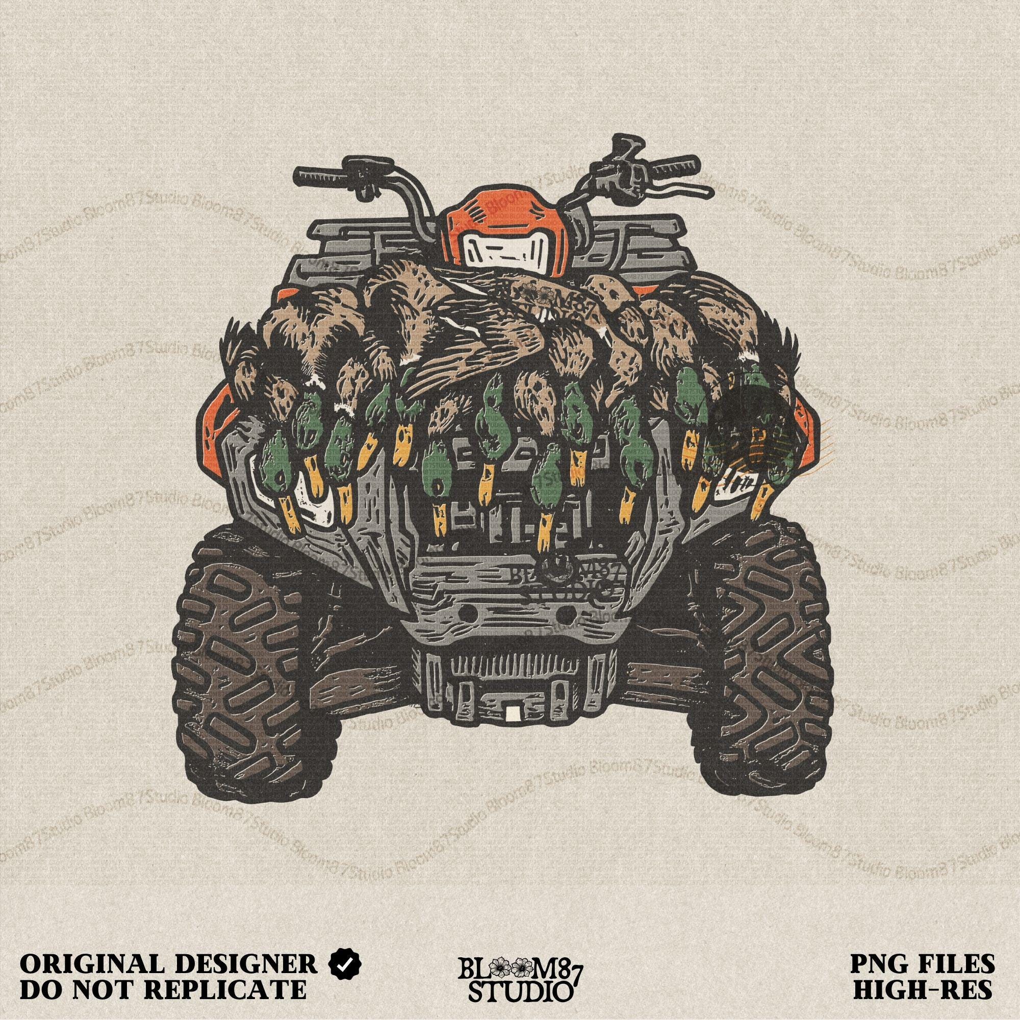 Rustic duck hunting PNG design featuring an ATV loaded with mallard ducks, ideal for hunting shirts, mugs, tumblers, farmhouse lodge wall art, and sublimation projects for outdoorsmen.
