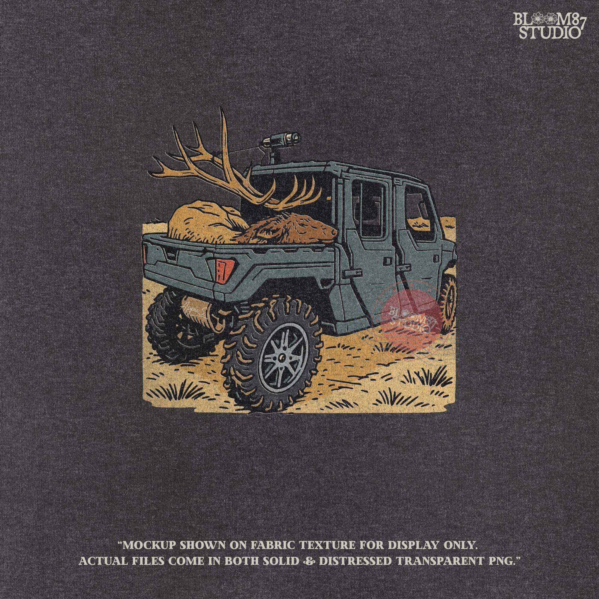 Solid version: "Hunting UTV sublimation PNG off road truck carrying trophy elk with large antlers rustic outdoorsman clipart solid style"

Distressed version: "Off road UTV truck hunting design with elk in back sublimation PNG rustic outdoors country clipart distressed style"
