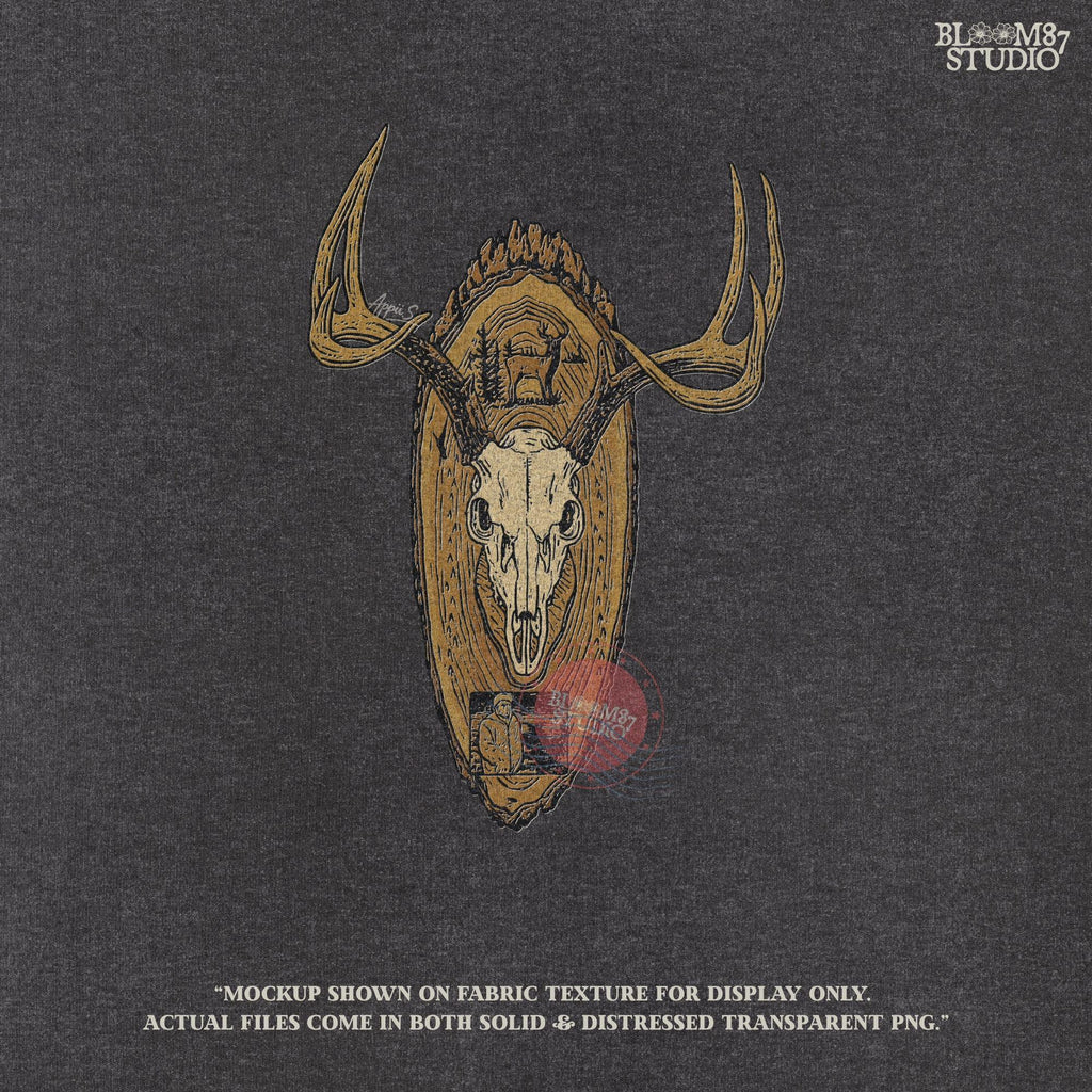 Solid version: "Deer skull sublimation PNG with antlers mounted on carved wooden plaque rustic hunting wall art solid style"

Distressed version: "Rustic distressed sublimation PNG deer skull with antlers wood mount hunting lodge cabin wall art clipart"