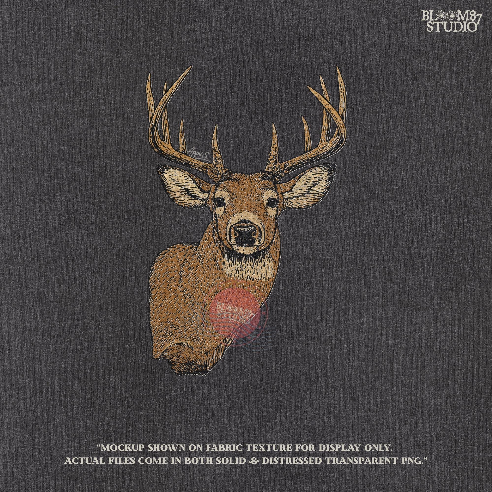 Solid version: "Deer head sublimation PNG with detailed buck and large antlers rustic hunting clipart solid style"

Distressed version: "Distressed deer head sublimation PNG rustic buck antlers hunting lodge wall art vintage style"