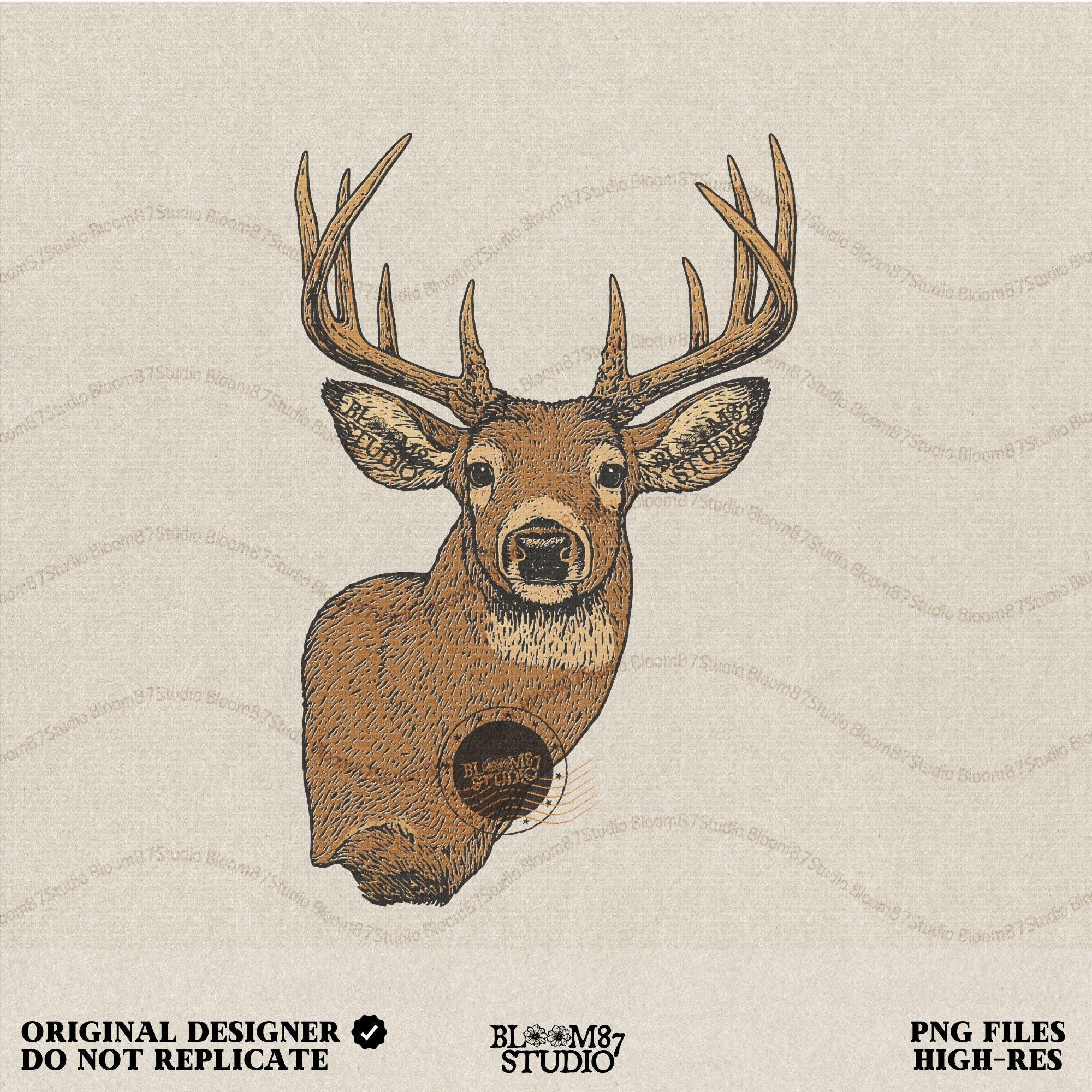 Solid version: "Deer head sublimation PNG with detailed buck and large antlers rustic hunting clipart solid style"

Distressed version: "Distressed deer head sublimation PNG rustic buck antlers hunting lodge wall art vintage style"