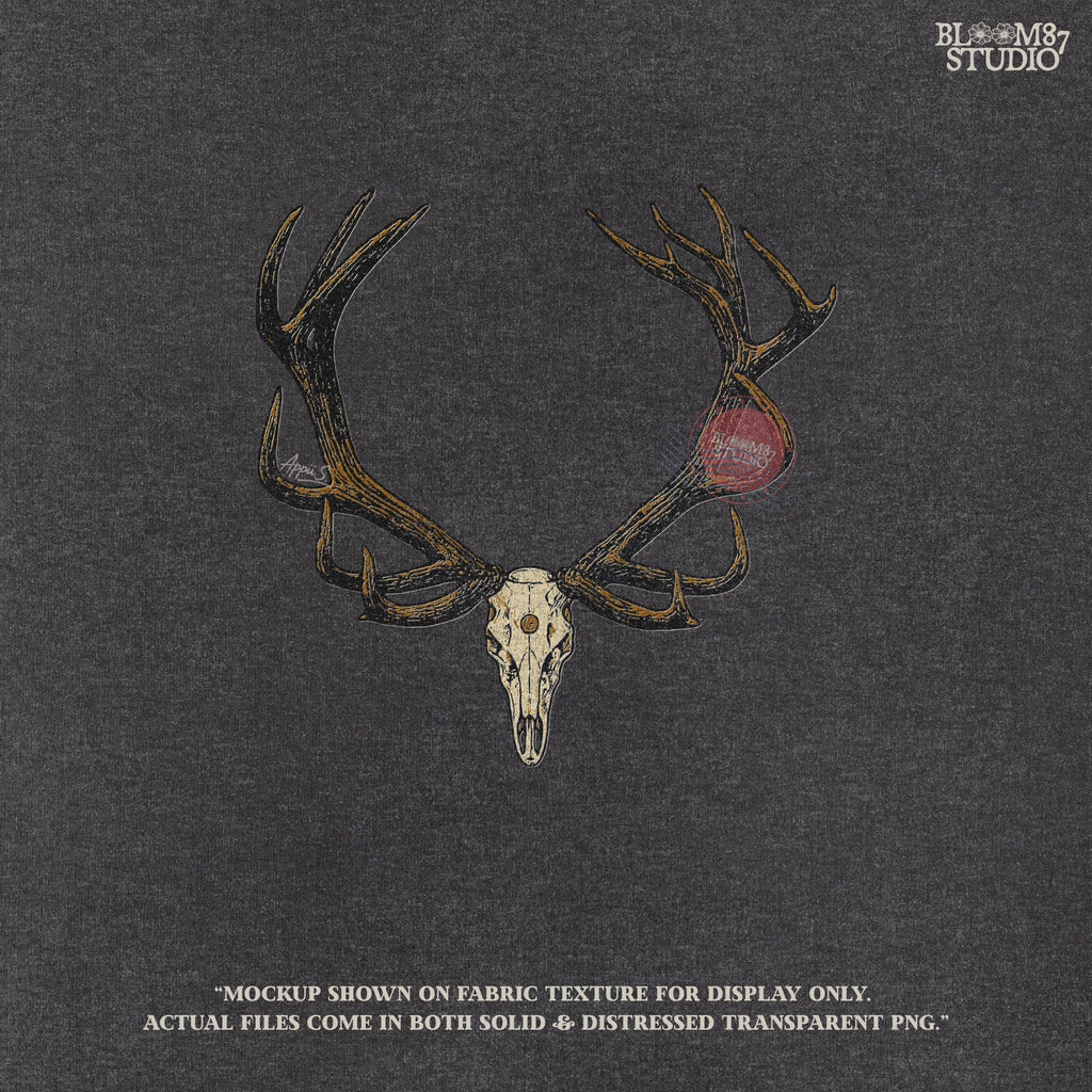 Solid version: "Deer skull sublimation PNG with large antlers rustic hunting lodge wall art solid design"

Distressed version: "Distressed deer skull sublimation PNG with antlers rustic western hunting clipart vintage style"