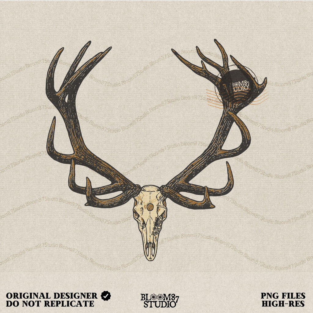 Solid version: "Deer skull sublimation PNG with large antlers rustic hunting lodge wall art solid design"

Distressed version: "Distressed deer skull sublimation PNG with antlers rustic western hunting clipart vintage style"