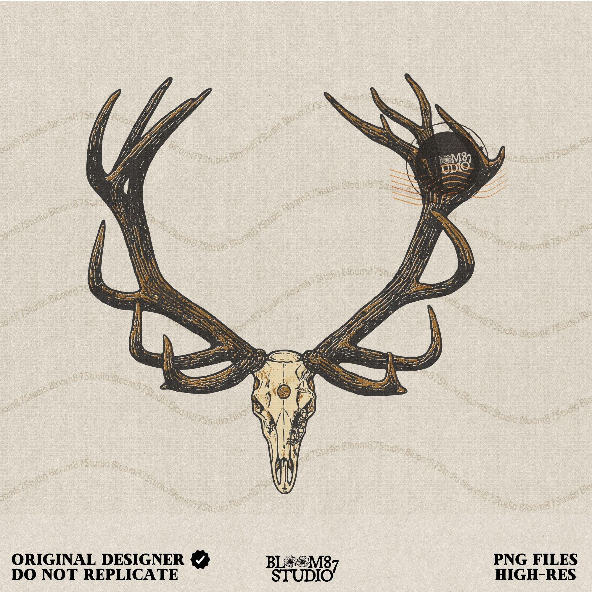 Solid version: "Deer skull sublimation PNG with large antlers rustic hunting lodge wall art solid design"

Distressed version: "Distressed deer skull sublimation PNG with antlers rustic western hunting clipart vintage style"