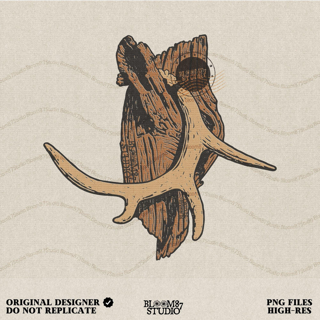 Solid version: "Deer antler sublimation PNG mounted on rustic wood hunting wall art solid style"

Distressed version: "Distressed deer antler sublimation PNG rustic hunting clipart on wood mount vintage style"