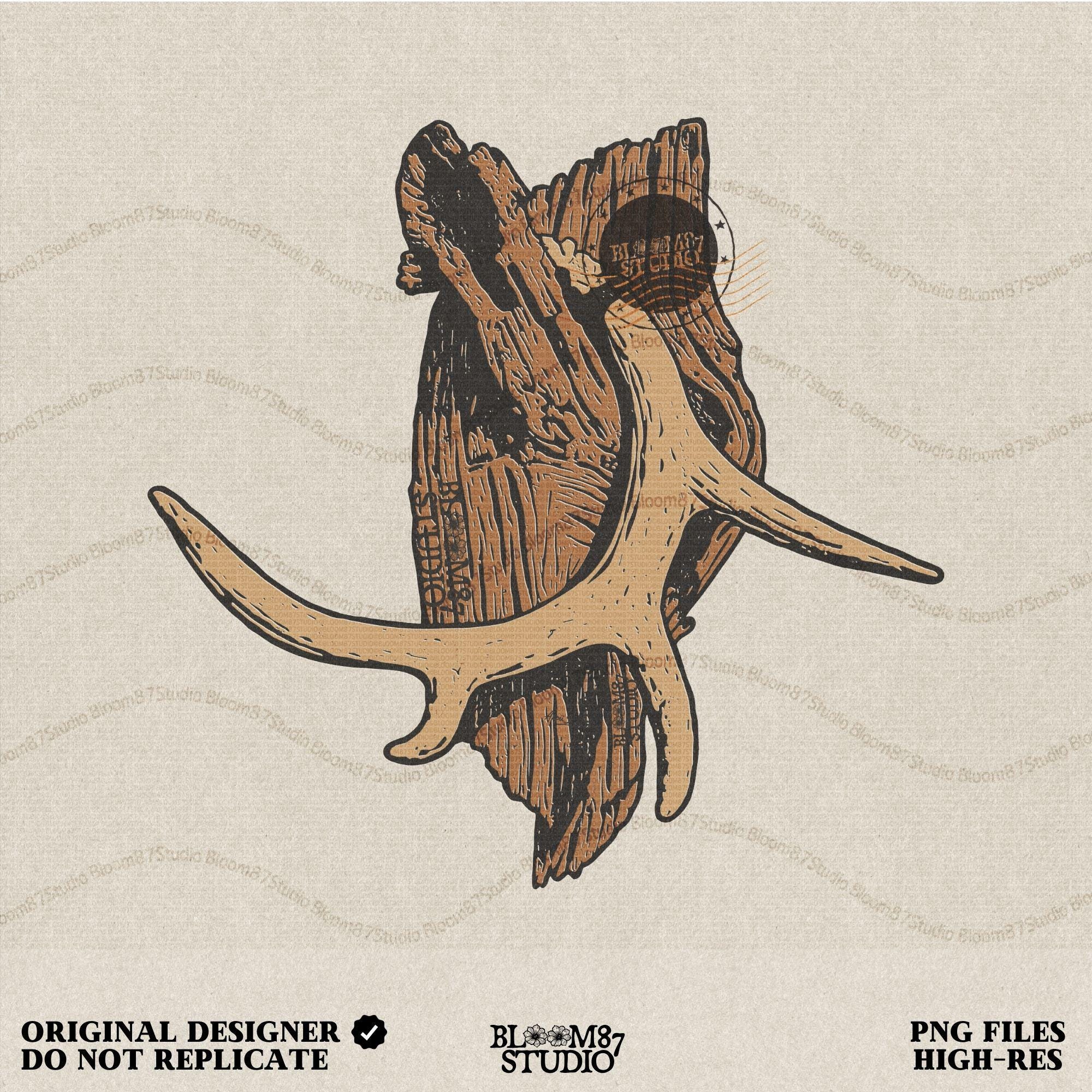 Solid version: "Deer antler sublimation PNG mounted on rustic wood hunting wall art solid style"

Distressed version: "Distressed deer antler sublimation PNG rustic hunting clipart on wood mount vintage style"