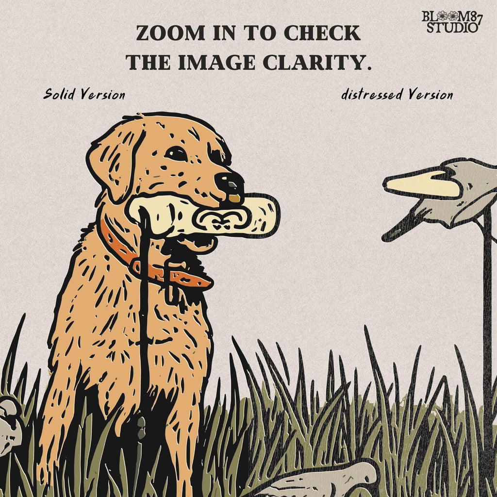 Solid version: "Golden Retriever hunting dog sublimation PNG standing in tall grass with dove decoys rustic outdoor field solid design"

Distressed version: "Distressed Golden Retriever hunting dog sublimation PNG with dove decoys in tall grass rustic outdoor hunting clipart"