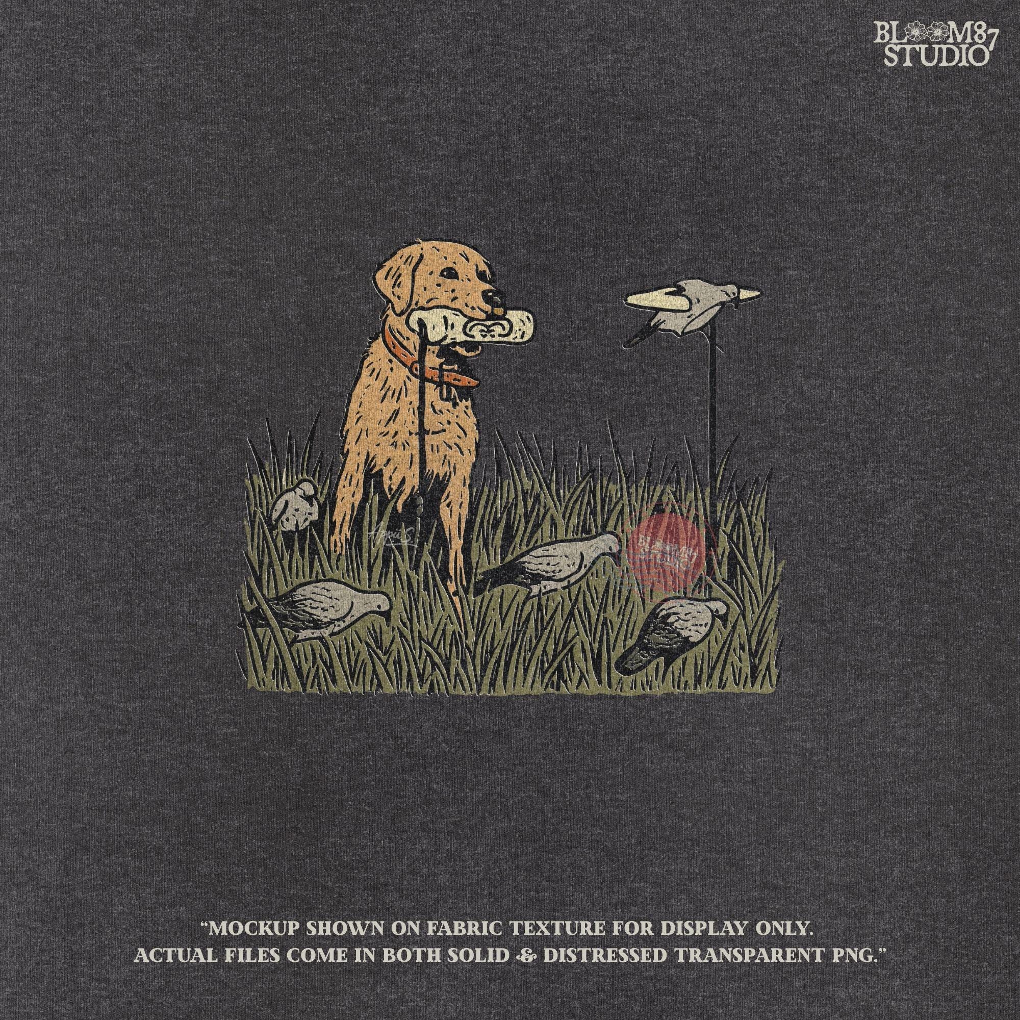 Solid version: "Golden Retriever hunting dog sublimation PNG standing in tall grass with dove decoys rustic outdoor field solid design"

Distressed version: "Distressed Golden Retriever hunting dog sublimation PNG with dove decoys in tall grass rustic outdoor hunting clipart"