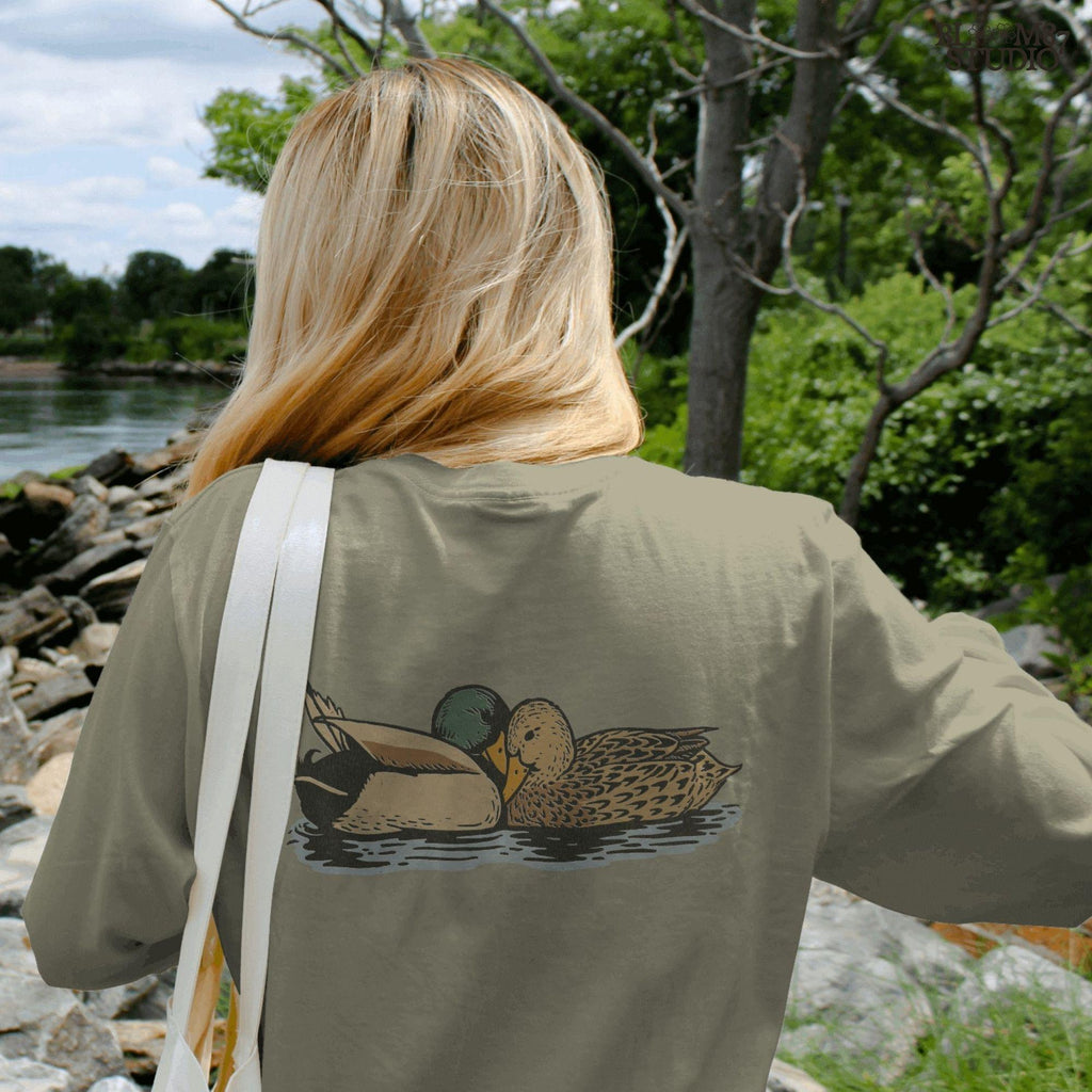 Duck hunting sublimation artwork with realistic mallard duck pair, ideal for hunting lodge decor, rustic farmhouse art, outdoorsman shirts, mugs, and wildlife-inspired gifts.