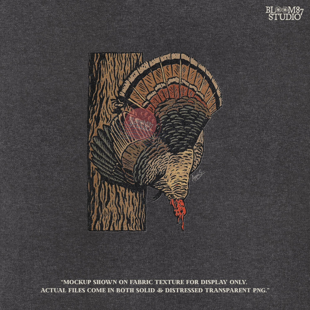 Hand-drawn wild turkey hunting clipart ideal for turkey hunter apparel, outdoorsman mugs, Thanksgiving crafts, rustic lodge prints, and sublimation projects.
