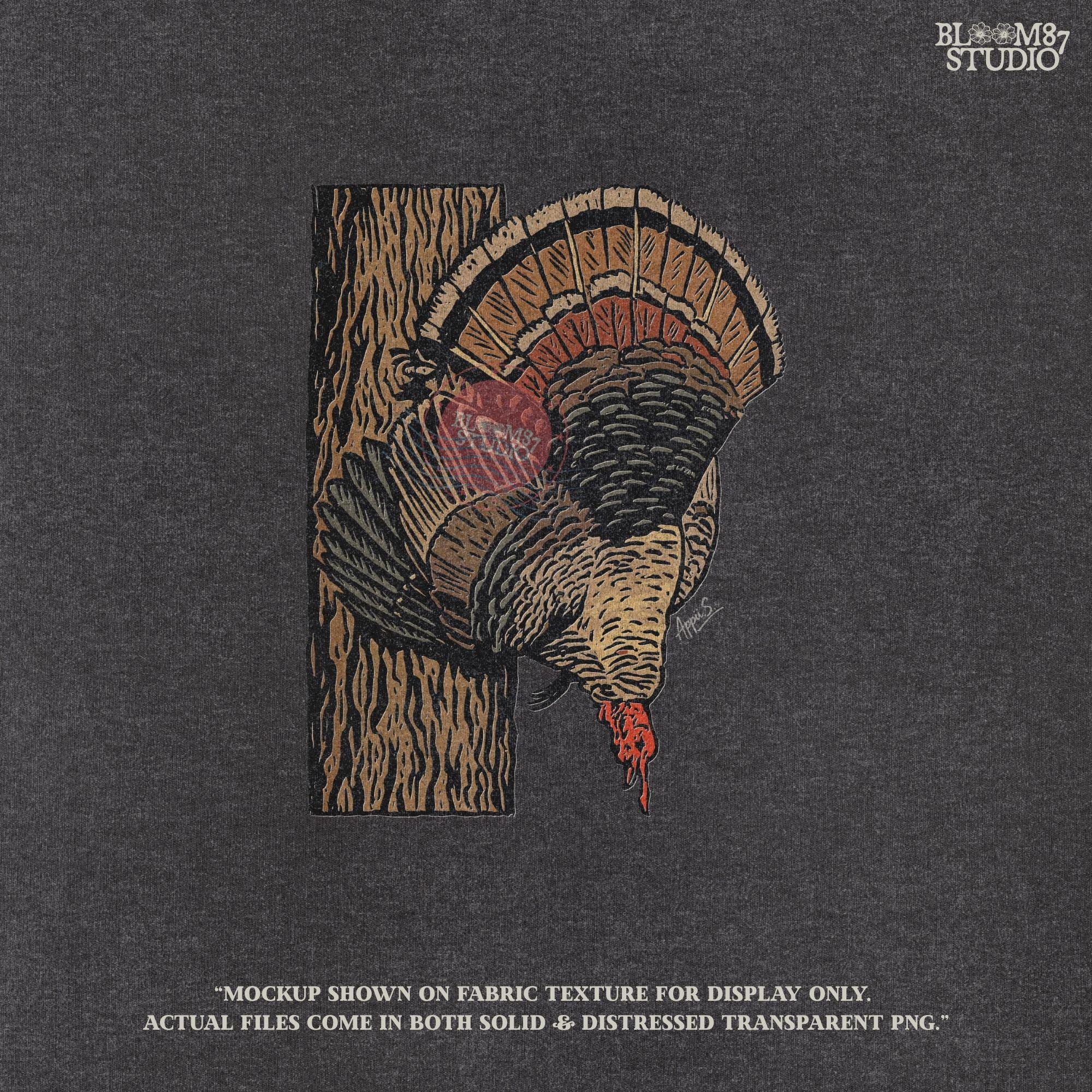 Hand-drawn wild turkey hunting clipart ideal for turkey hunter apparel, outdoorsman mugs, Thanksgiving crafts, rustic lodge prints, and sublimation projects.