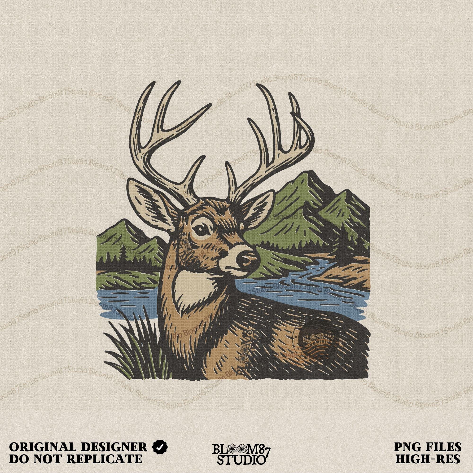 Deer hunting PNG of a majestic buck with antlers, perfect for hunting shirts, mugs, tumblers, sublimation designs, rustic farmhouse wall art, and outdoorsman gifts.