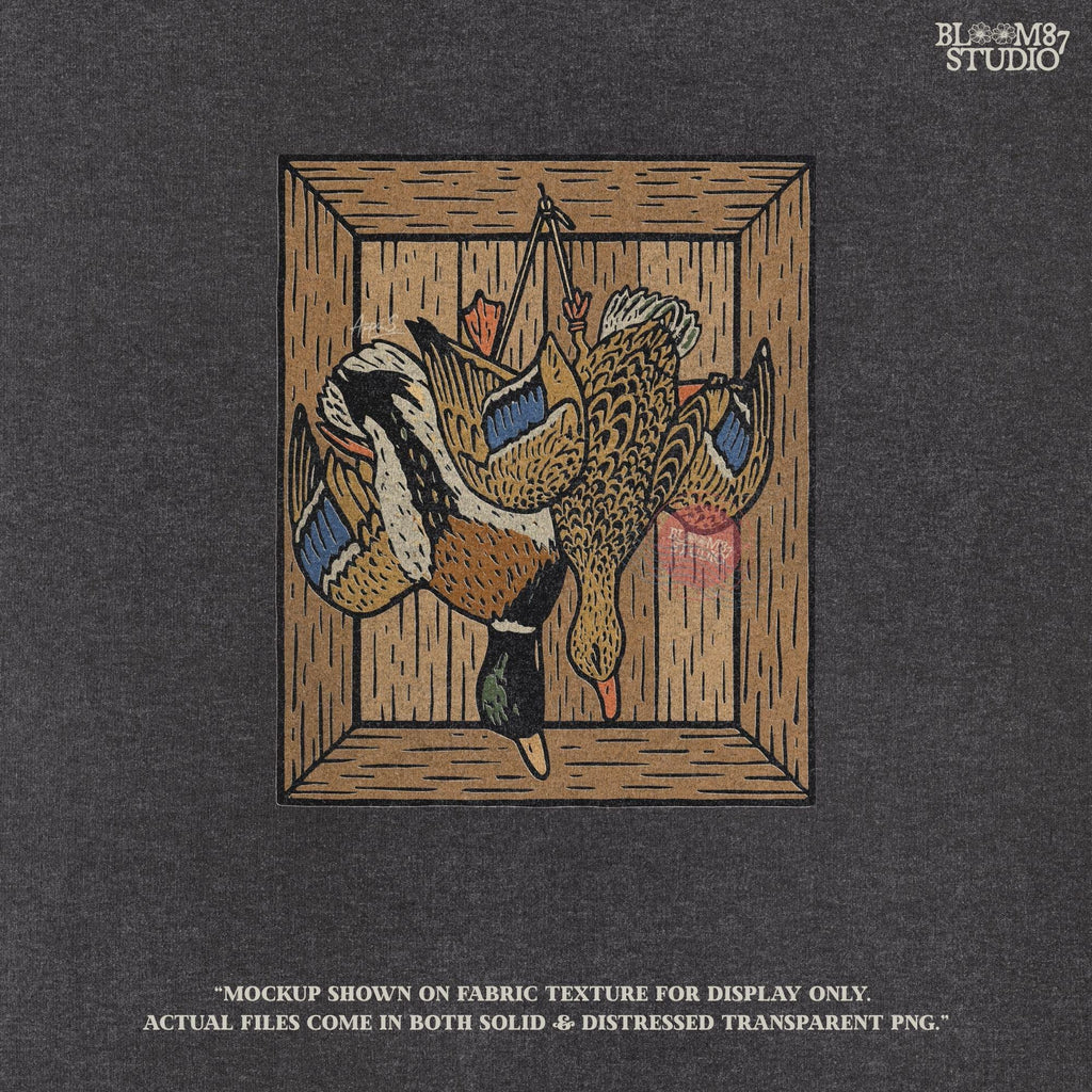 Vintage-style sublimation of two ducks hanging upside down in a wooden crate, perfect for hunting decor or rustic kitchen art.

Distressed Version:
Distressed illustration of hanging ducks inside a rustic wooden box, ideal for country cabin sublimation or dark farmhouse prints.