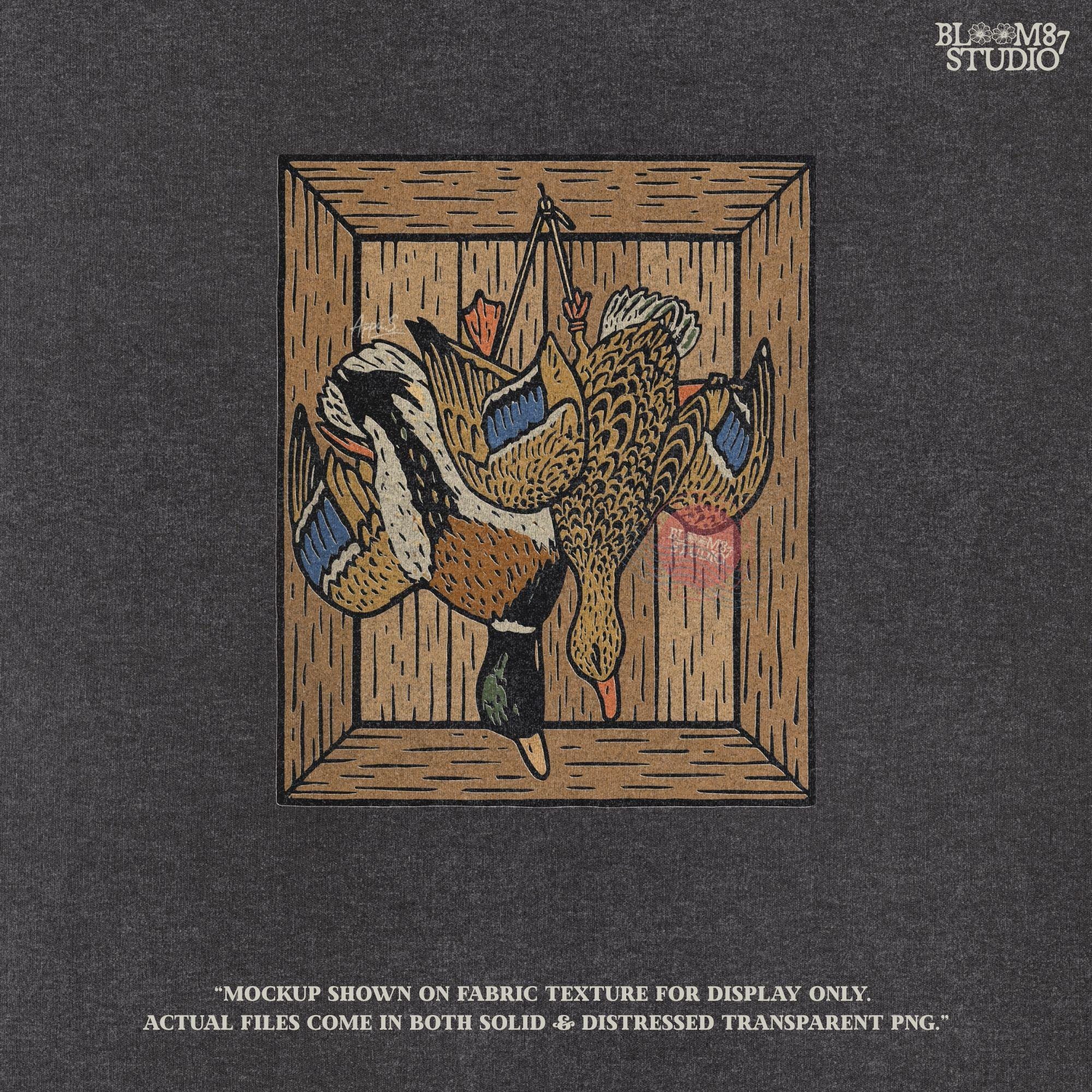 Vintage-style sublimation of two ducks hanging upside down in a wooden crate, perfect for hunting decor or rustic kitchen art.

Distressed Version:
Distressed illustration of hanging ducks inside a rustic wooden box, ideal for country cabin sublimation or dark farmhouse prints.