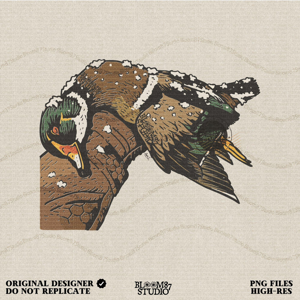 Solid Version:
Realistic illustration of a dead duck lying on a camo arm with snow on its feathers, vintage sublimation PNG for winter hunting themes.

Distressed Version:
Distressed-style snowy duck laying across a hunting jacket, ideal for rustic sublimation and cold season outdoor craft designs.