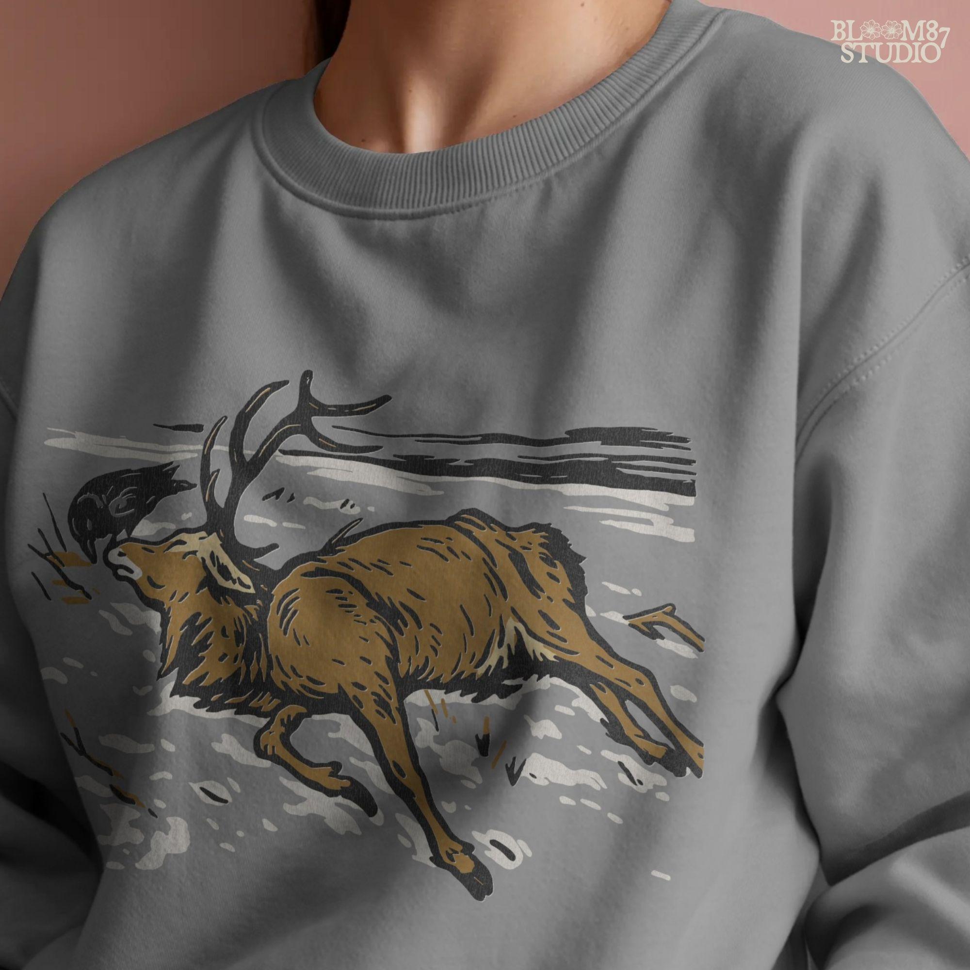 Deer hunting PNG file with winter theme, suitable for hunting clipart, outdoors designs, sublimation projects, hunting apparel, mugs, and crafting.