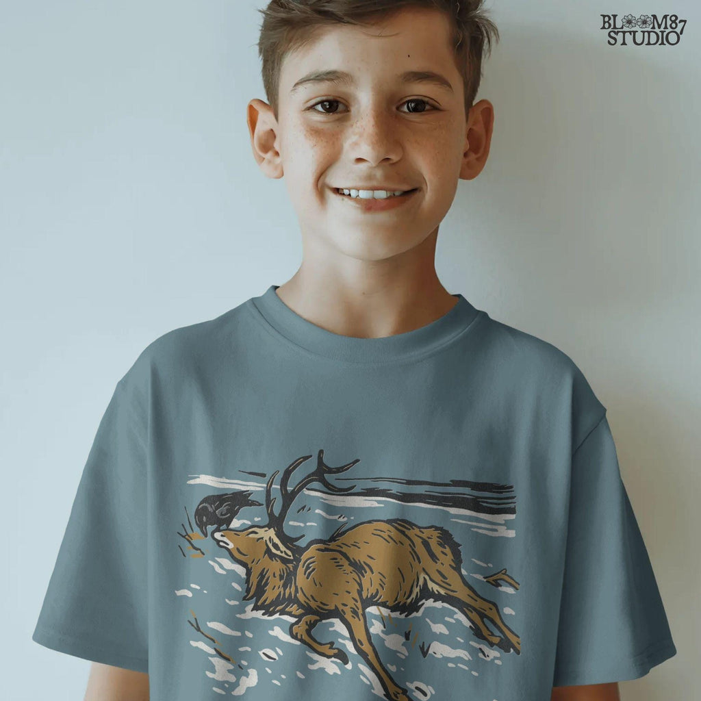 Hand-drawn deer hunting digital art with snowy detail, ideal for hunting shirts, printable hunting clipart, sublimation tumblers, mugs, and outdoors designs.