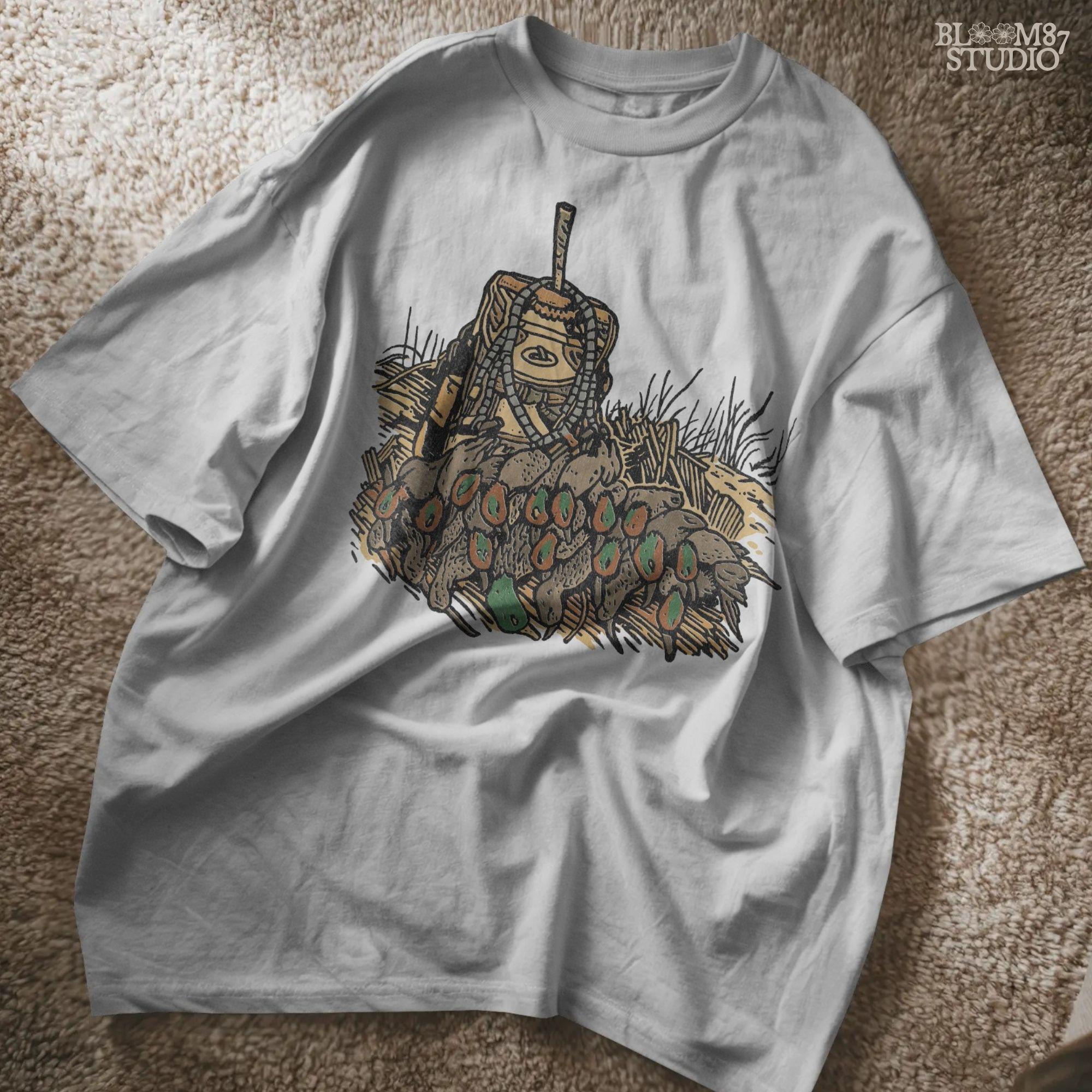 Solid Version:
Vintage illustration of a hunting backpack with several ducks hanging around it, rustic sublimation PNG for lodge decor and outdoor hunting art.

Distressed Version:
Distressed hunting scene showing a backpack with multiple ducks displayed, ideal for rustic sublimation projects and masculine cabin designs.