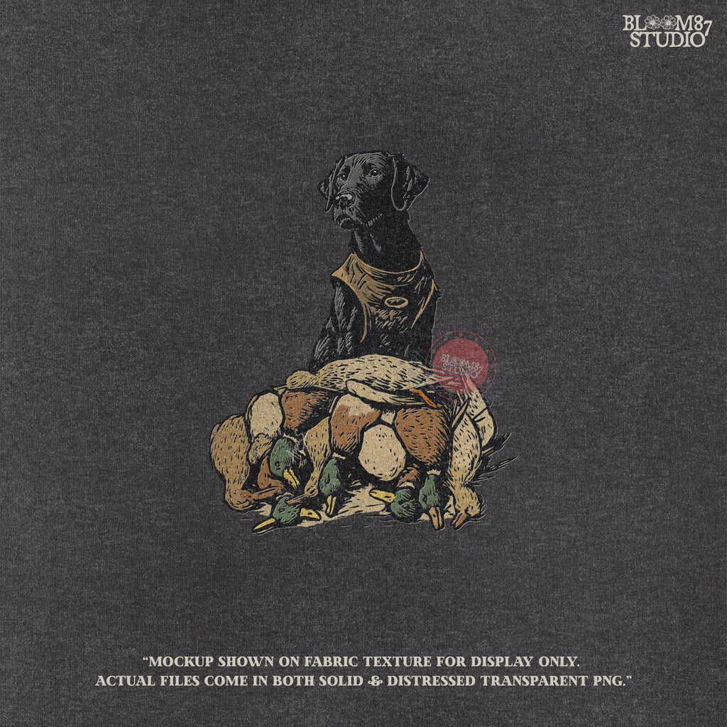 Solid Version:
Vintage illustration of a hunting retriever sitting behind a pile of ducks, rustic sublimation PNG for lodge decor and outdoor crafts.

Distressed Version:
Distressed hunting dog with ducks illustration, ideal for rustic lodge sublimation, masculine hunting shirts, and wildlife-themed designs.