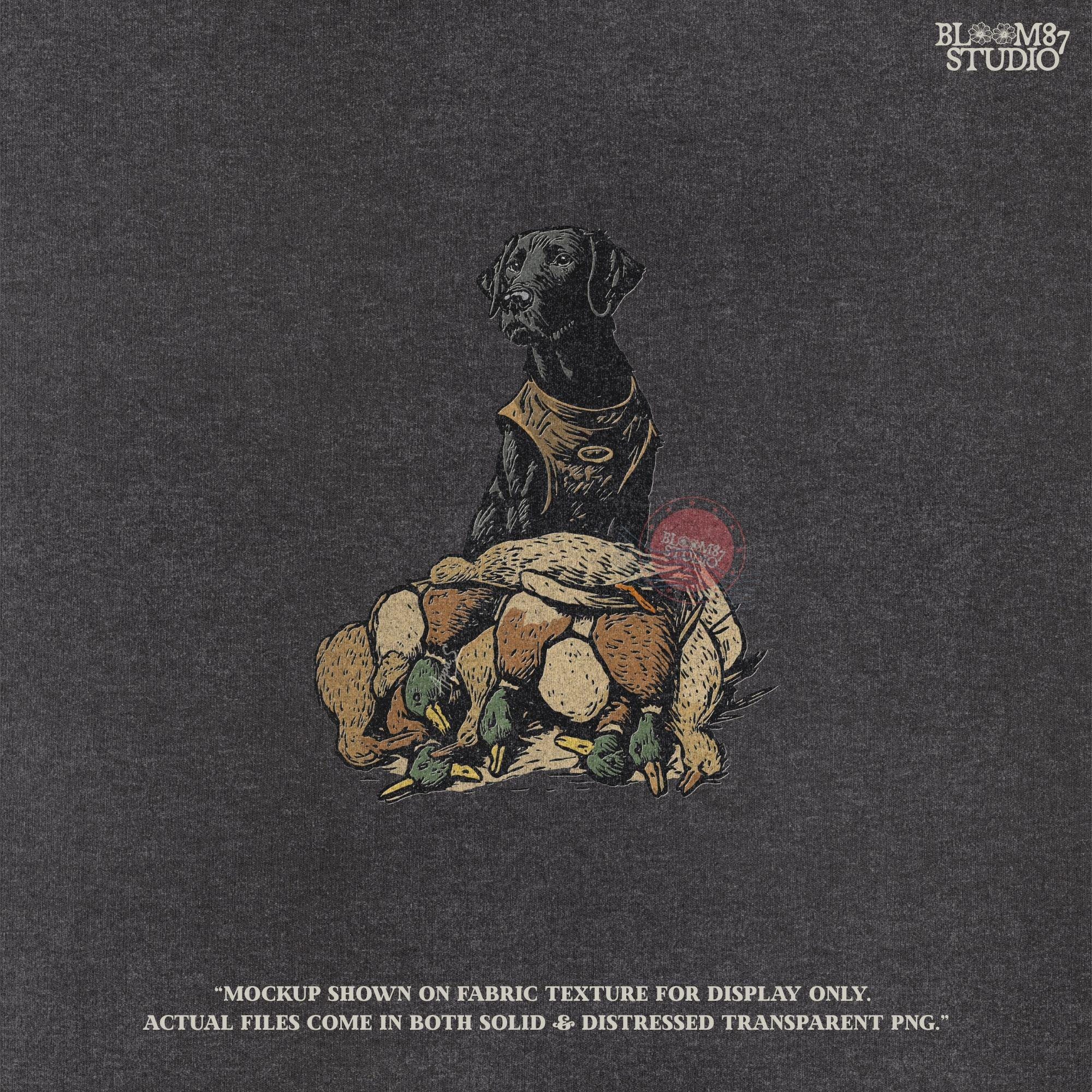 Solid Version:
Vintage illustration of a hunting retriever sitting behind a pile of ducks, rustic sublimation PNG for lodge decor and outdoor crafts.

Distressed Version:
Distressed hunting dog with ducks illustration, ideal for rustic lodge sublimation, masculine hunting shirts, and wildlife-themed designs.