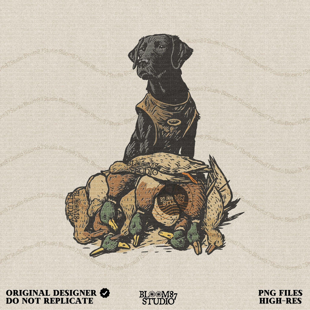 Solid Version:
Vintage illustration of a hunting retriever sitting behind a pile of ducks, rustic sublimation PNG for lodge decor and outdoor crafts.

Distressed Version:
Distressed hunting dog with ducks illustration, ideal for rustic lodge sublimation, masculine hunting shirts, and wildlife-themed designs.