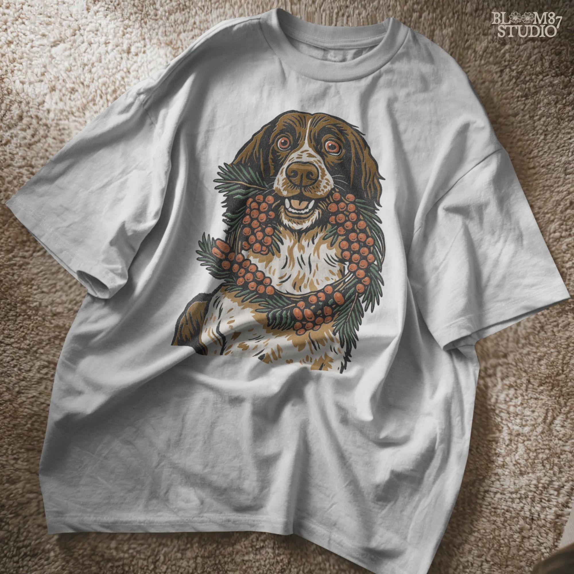 Solid Version:
Vintage illustration of a brown and white dog holding a berry and pine wreath, sublimation PNG for rustic Christmas crafts and holiday decor.

Distressed Version:
Distressed festive dog with berry wreath artwork, rustic sublimation PNG perfect for farmhouse Christmas shirts, mugs, and seasonal gifts.