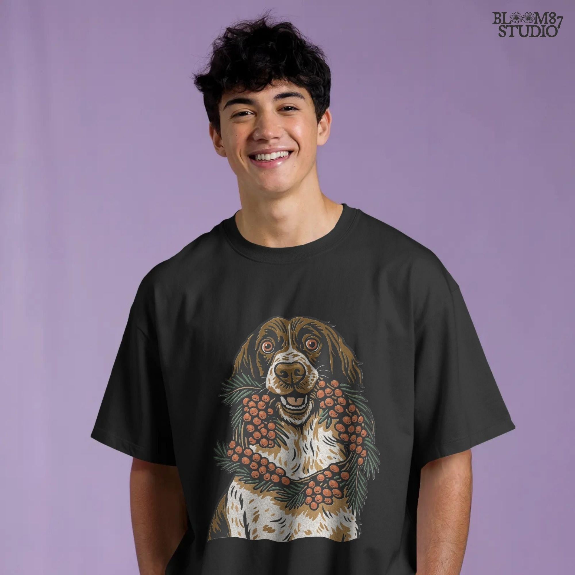 Solid Version:
Vintage illustration of a brown and white dog holding a berry and pine wreath, sublimation PNG for rustic Christmas crafts and holiday decor.

Distressed Version:
Distressed festive dog with berry wreath artwork, rustic sublimation PNG perfect for farmhouse Christmas shirts, mugs, and seasonal gifts.