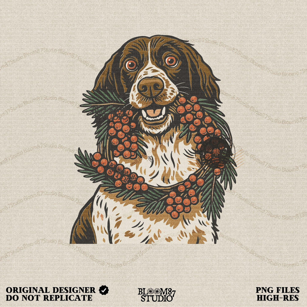 Solid Version:
Vintage illustration of a brown and white dog holding a berry and pine wreath, sublimation PNG for rustic Christmas crafts and holiday decor.

Distressed Version:
Distressed festive dog with berry wreath artwork, rustic sublimation PNG perfect for farmhouse Christmas shirts, mugs, and seasonal gifts.